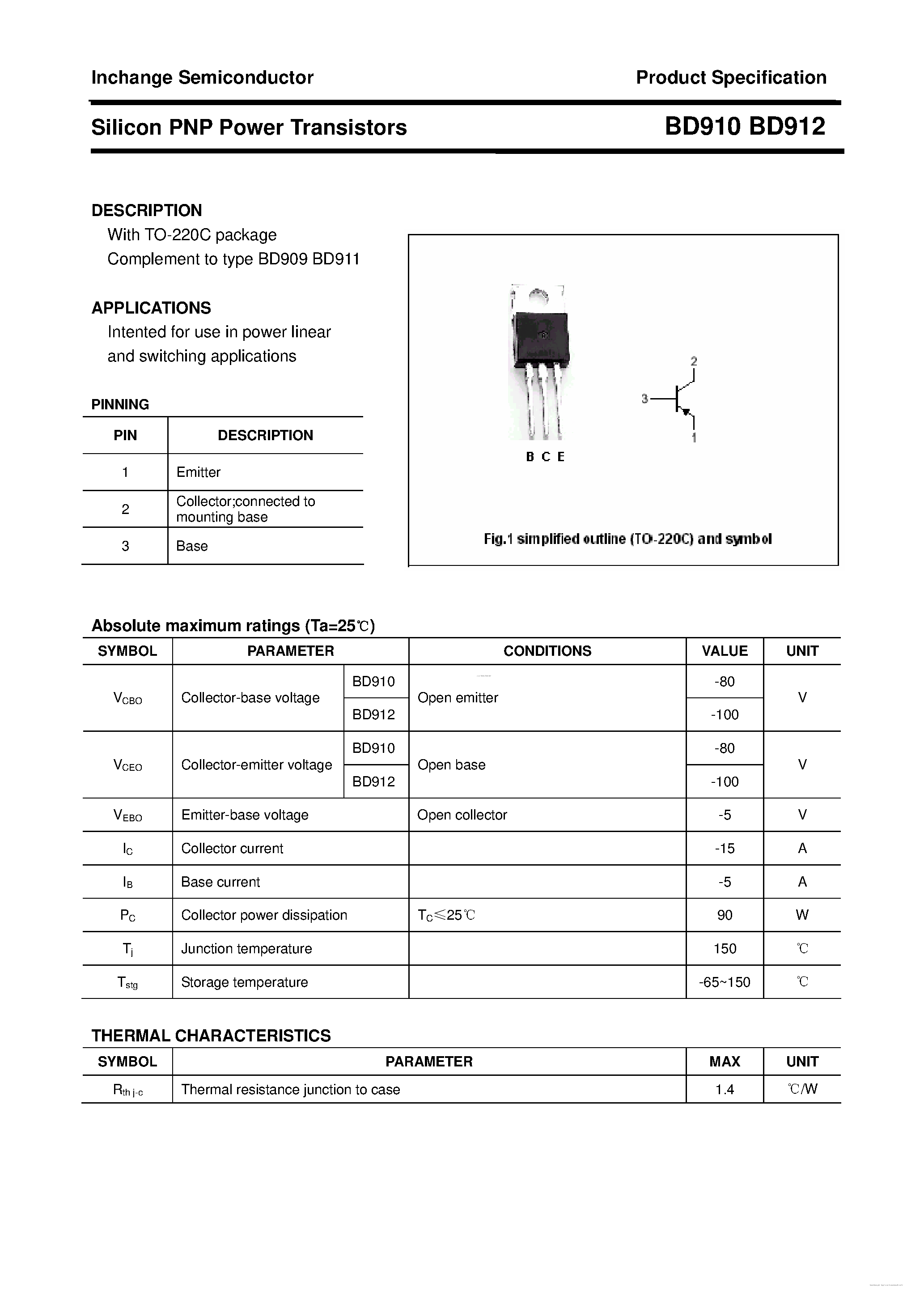 Даташит BD910 - (BD910 / BD912) Silicon PNP Power Transistors страница 1