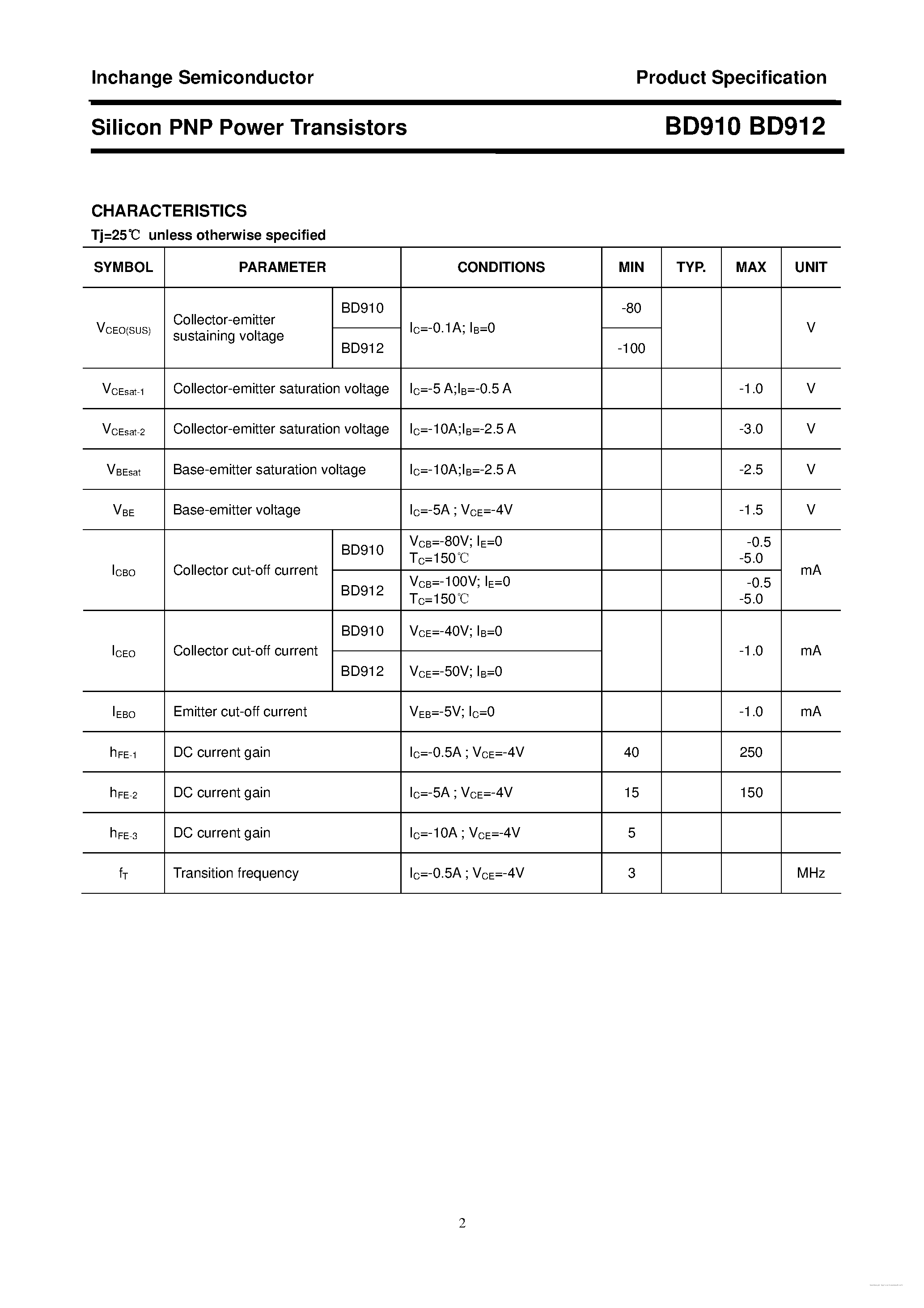 Даташит BD910 - (BD910 / BD912) Silicon PNP Power Transistors страница 2