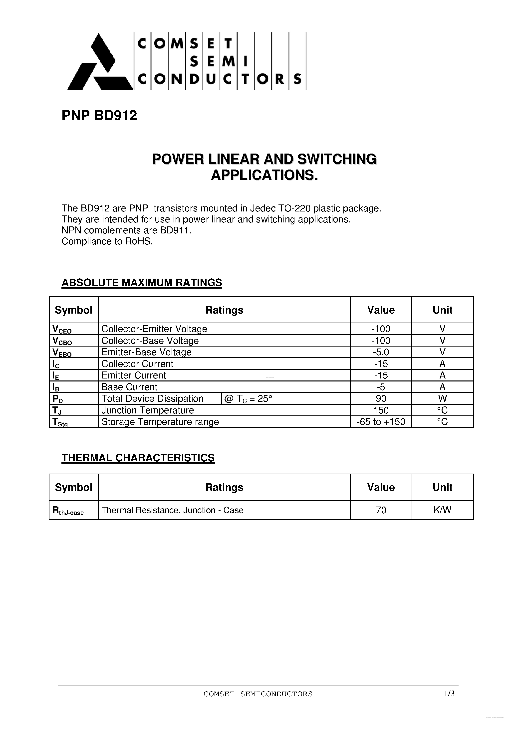 Даташит на микросхему BD912 страница 1 Даташит BD912 - Power Linear and Switching страница 1