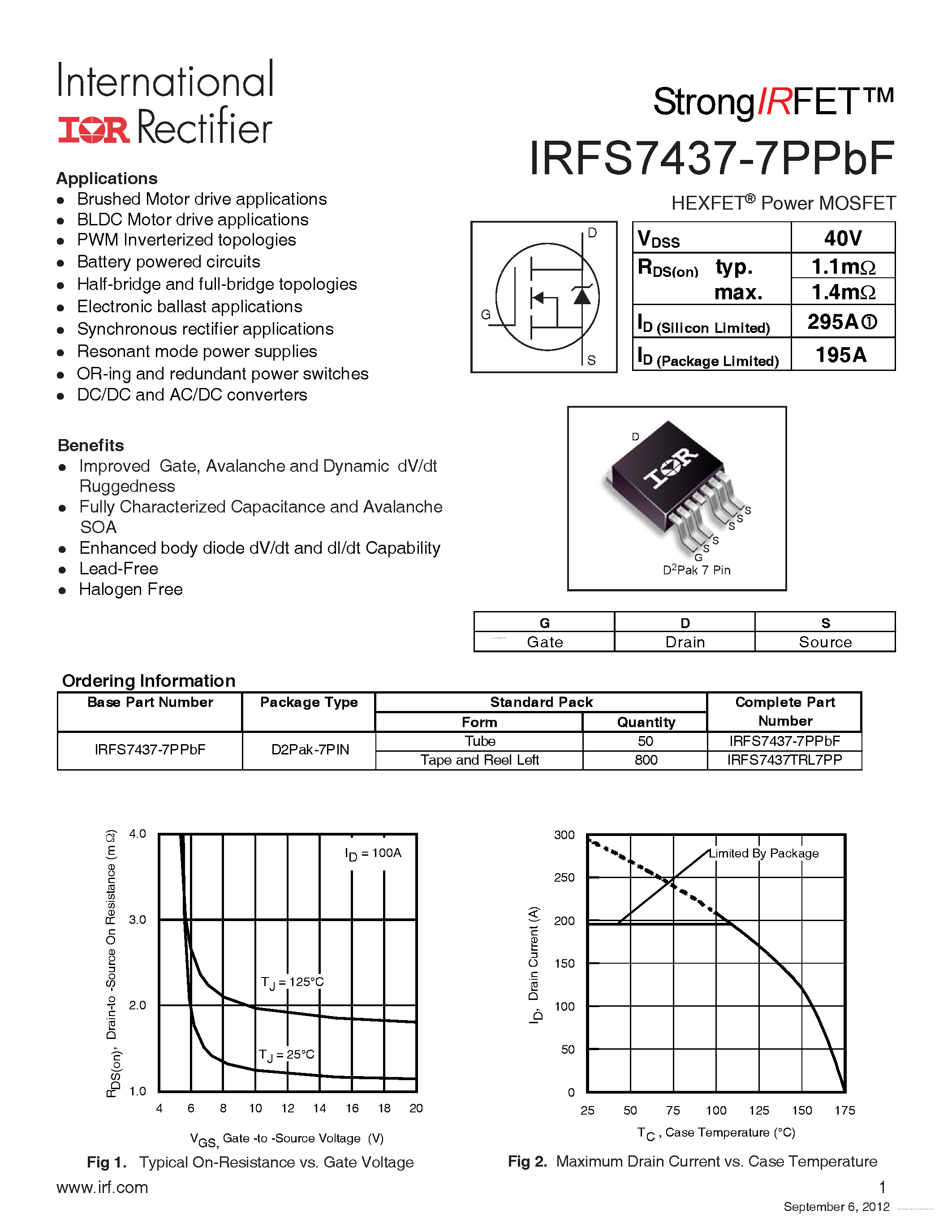 Даташит на микросхему IRFS7437-7PPBF страница 1 Даташит IRFS7437-7PPBF - страница 1
