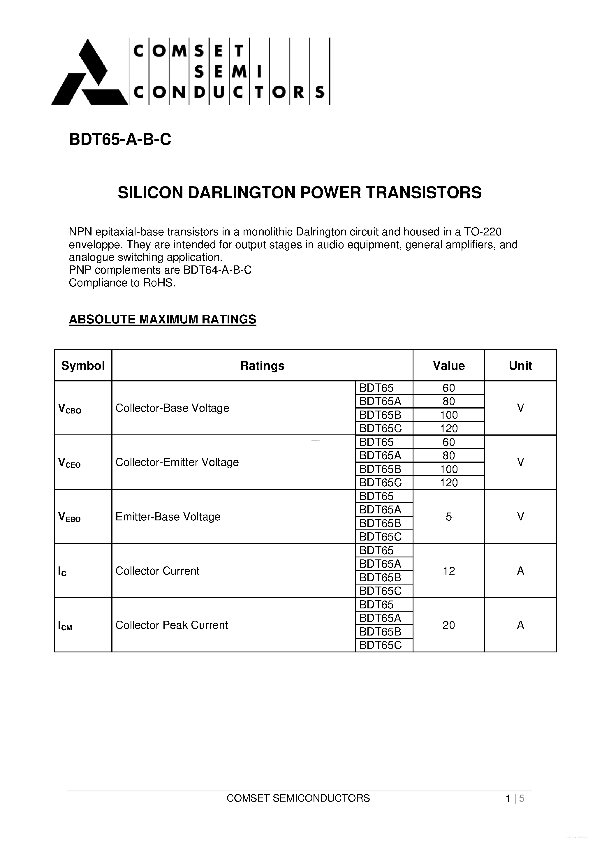 Даташит BDT65 - SILICON DARLINGTON POWER TRANSISTORS страница 1