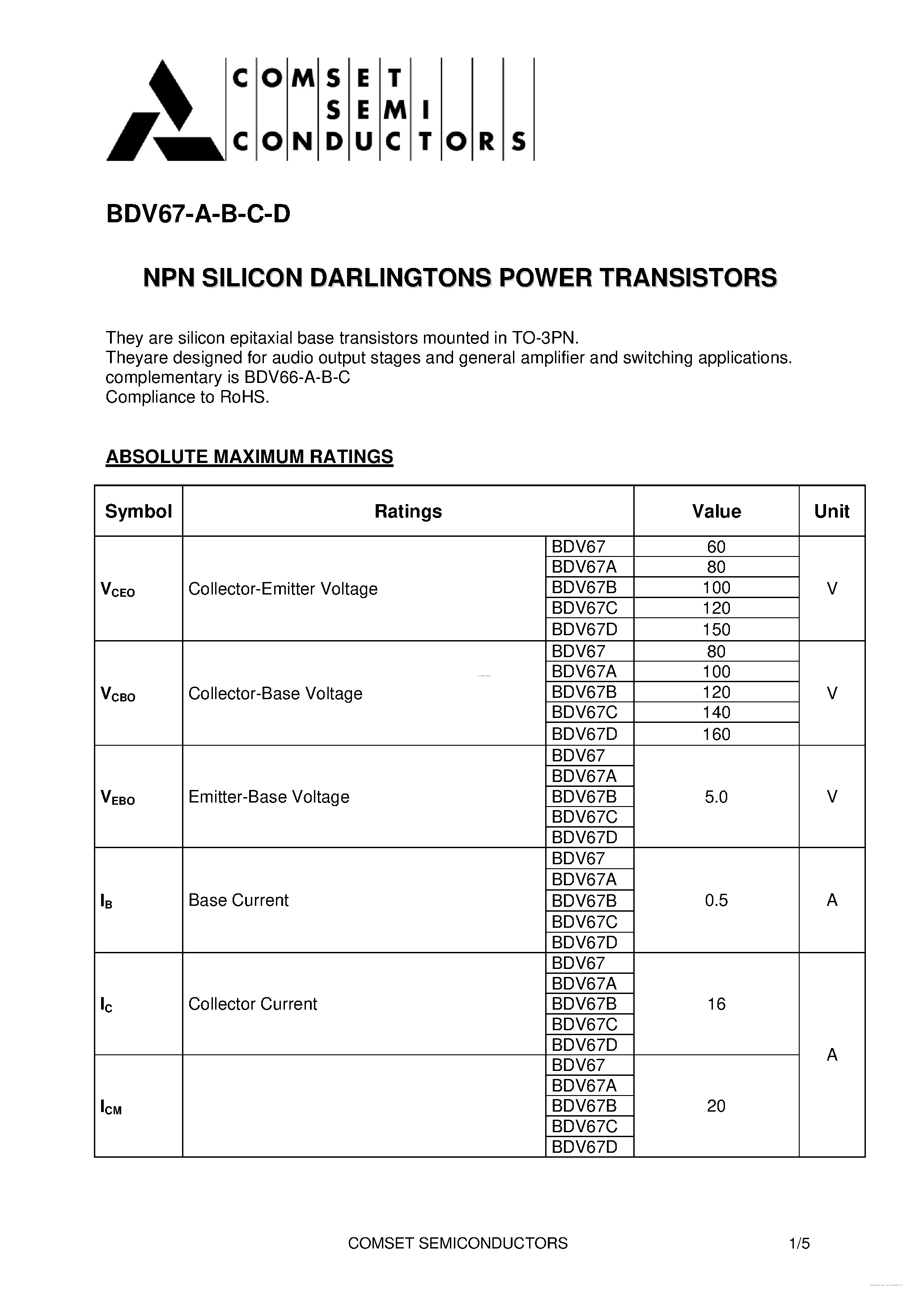 Даташит на микросхему BDV67 страница 1 Даташит BDV67 - NPN SILICON DARLINGTONS POWER TRANSISTORS страница 1