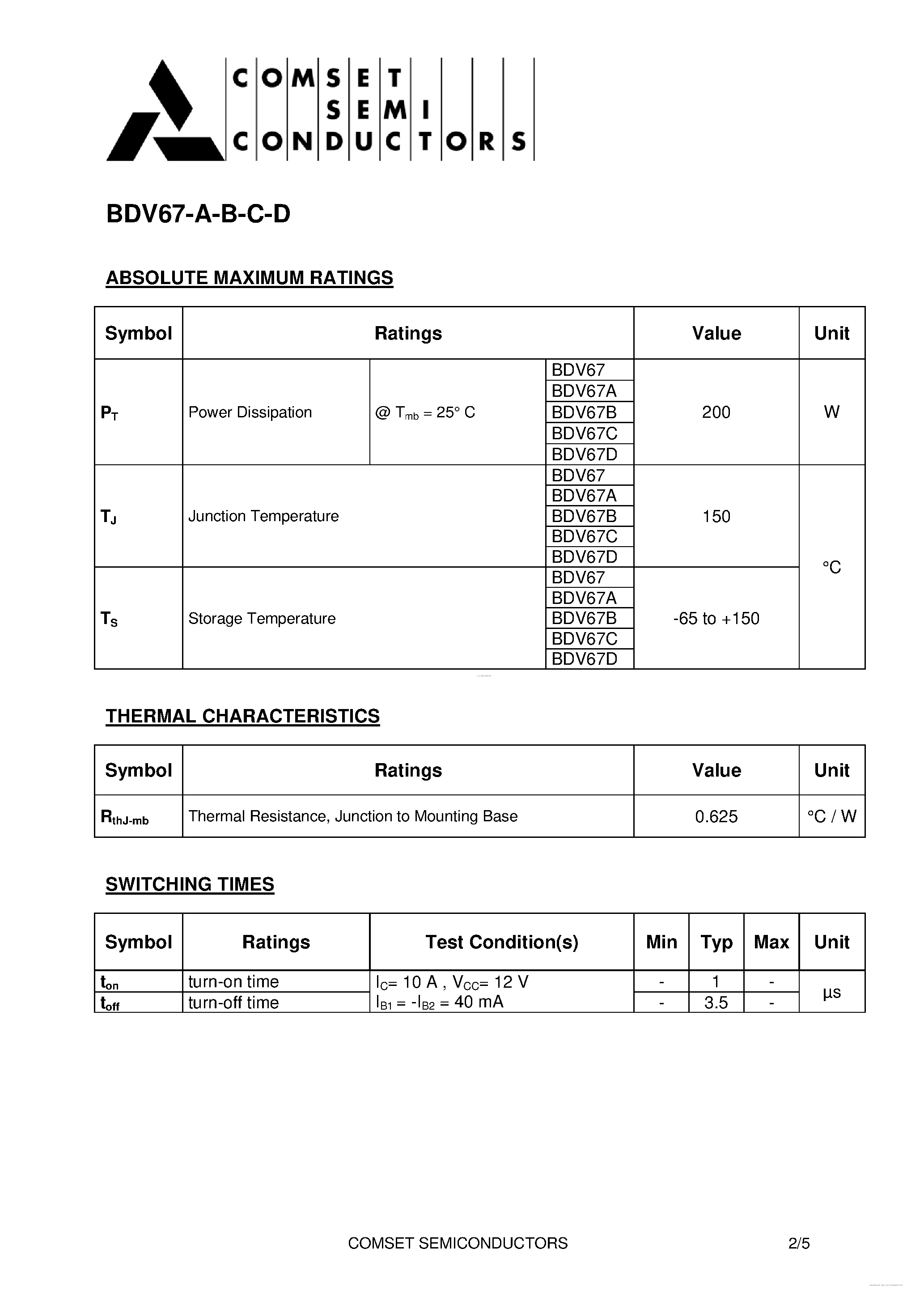 Даташит на микросхему BDV67 страница 2 Даташит BDV67 - NPN SILICON DARLINGTONS POWER TRANSISTORS страница 2