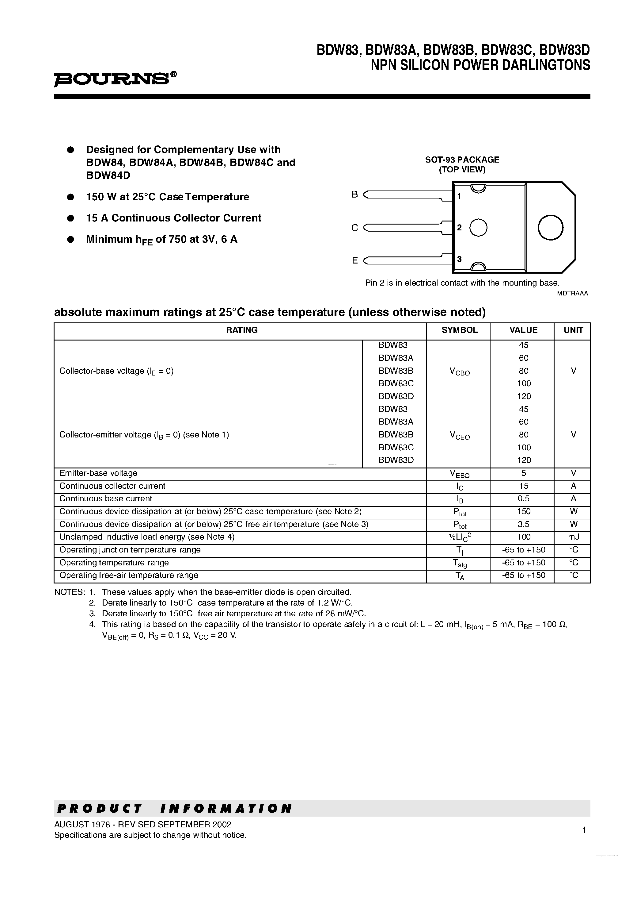Datasheet BDW83 page 1 Datasheet BDW83 - NPN SILICON POWER DARLINGTONS page 1