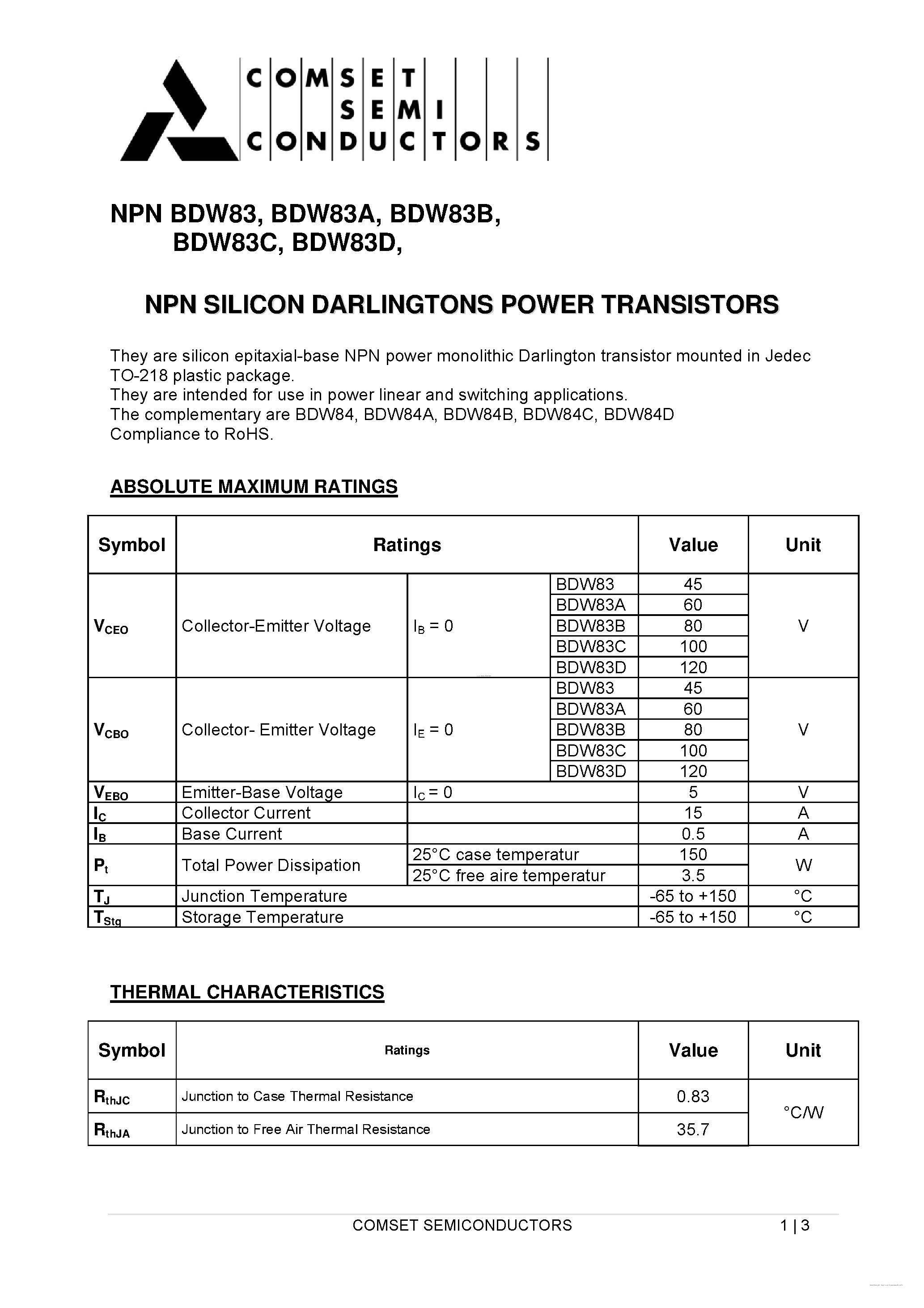 Datasheet BDW83 page 1 Datasheet BDW83 - NPN SILICON POWER DARLINGTONS page 1