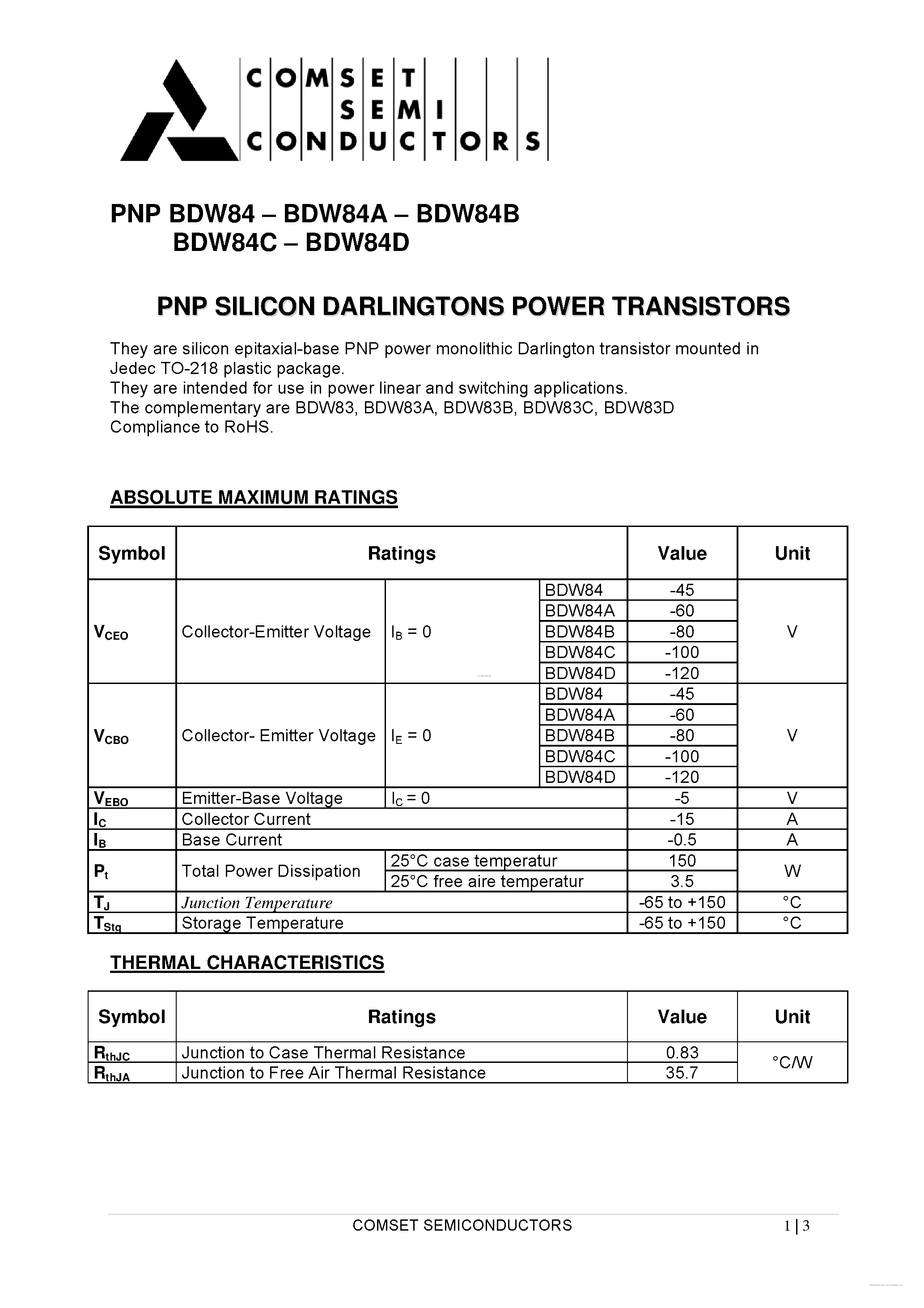 Даташит BDW84 - PNP SILICON POWER DARLINGTONS страница 1