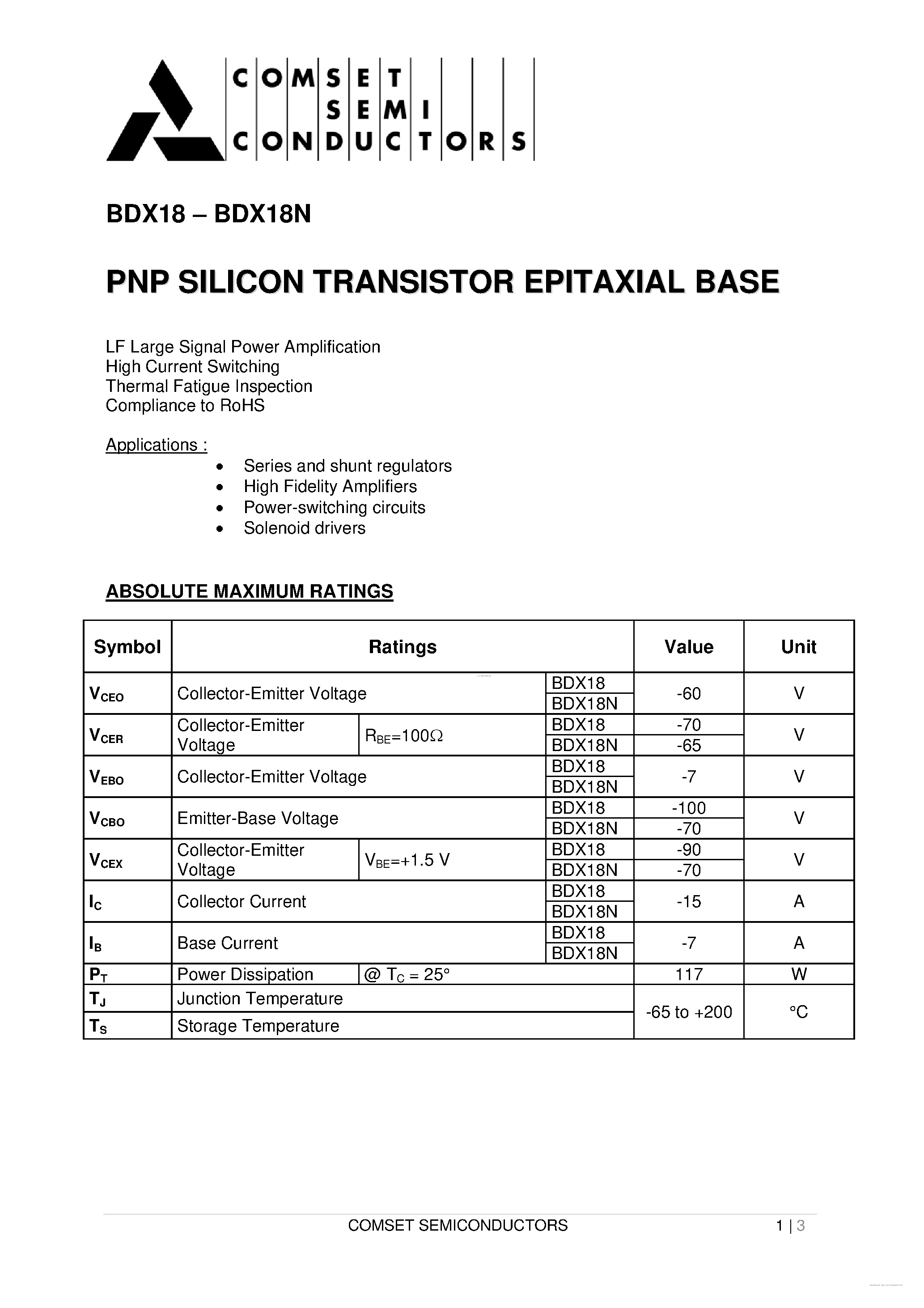 Datasheet BDX18 page 1 Datasheet BDX18 - PNP SILICON TRANSISTOR EPITAXIAL BASE page 1