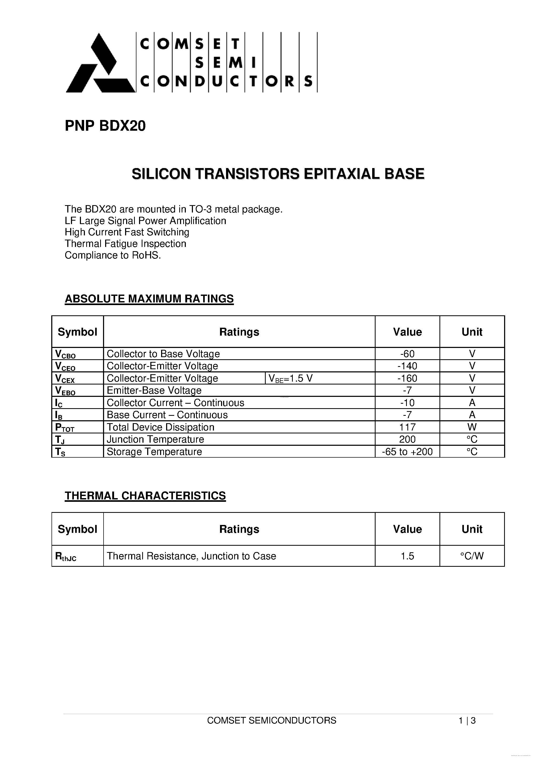 Даташит BDX20 - PNP SILICON TRANSISTORS EPITAXIAL BASE страница 1