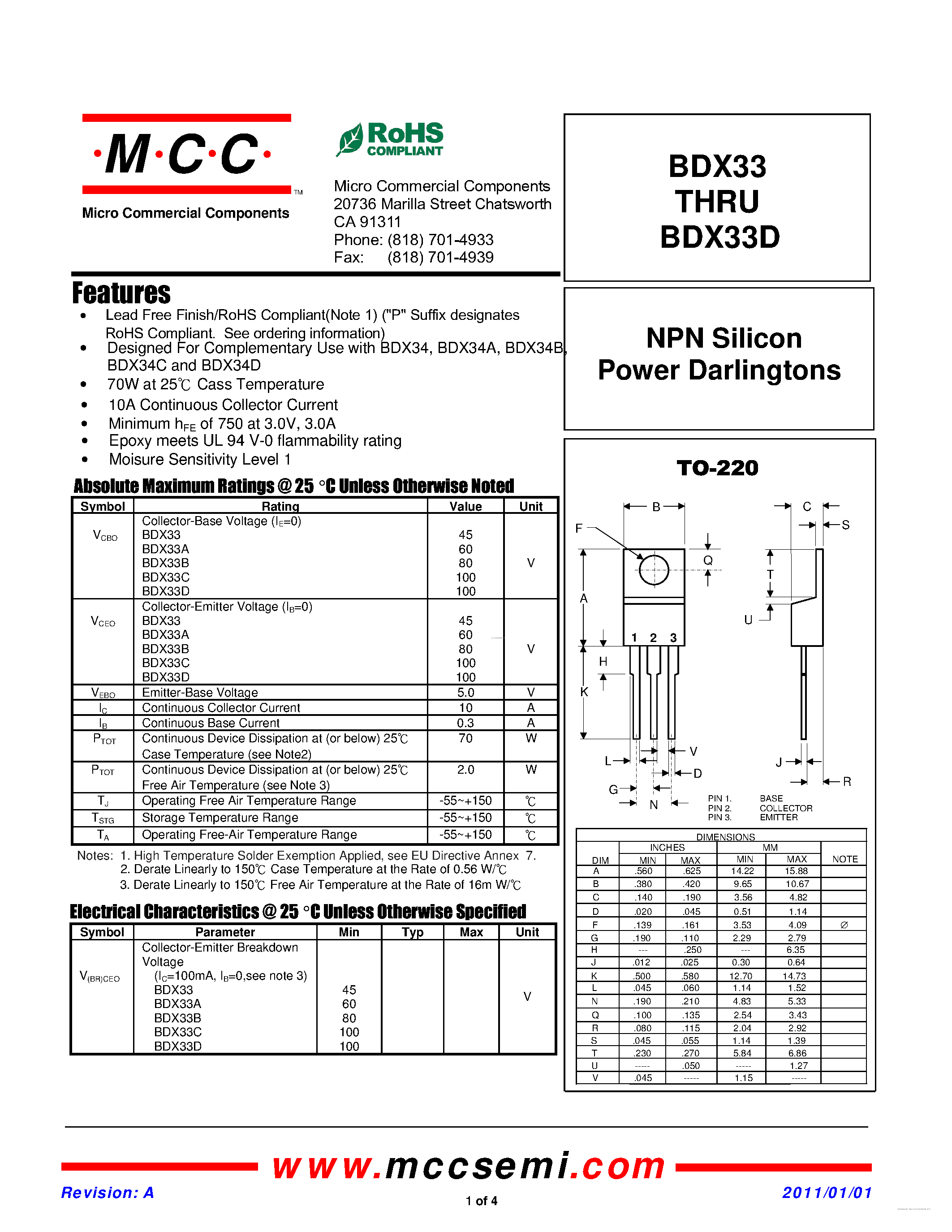 Даташит BDX33 - NPN Silicon Power Darlingtons страница 1