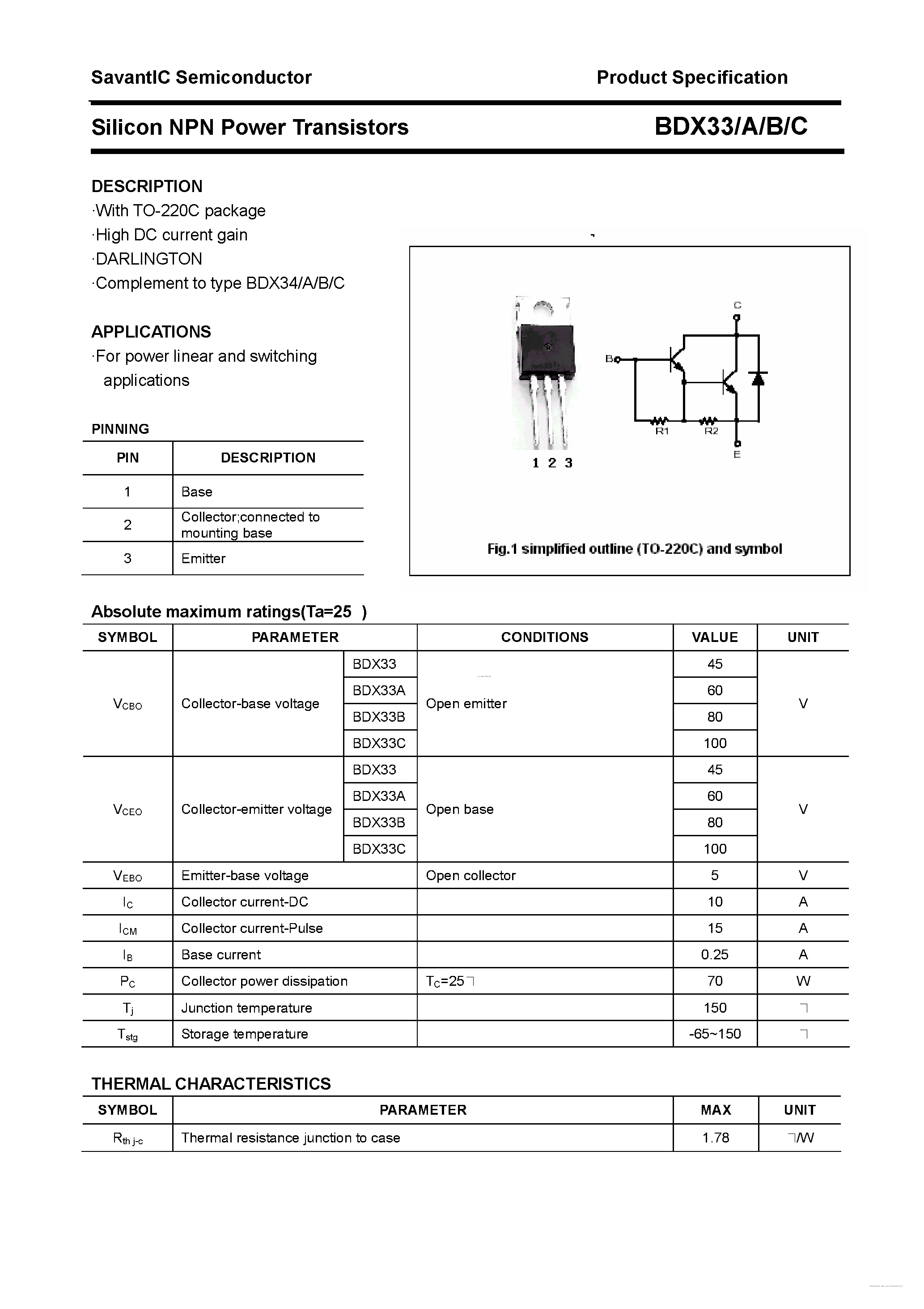 Datasheet BDX33 - Silicon NPN Power Transistors page 1