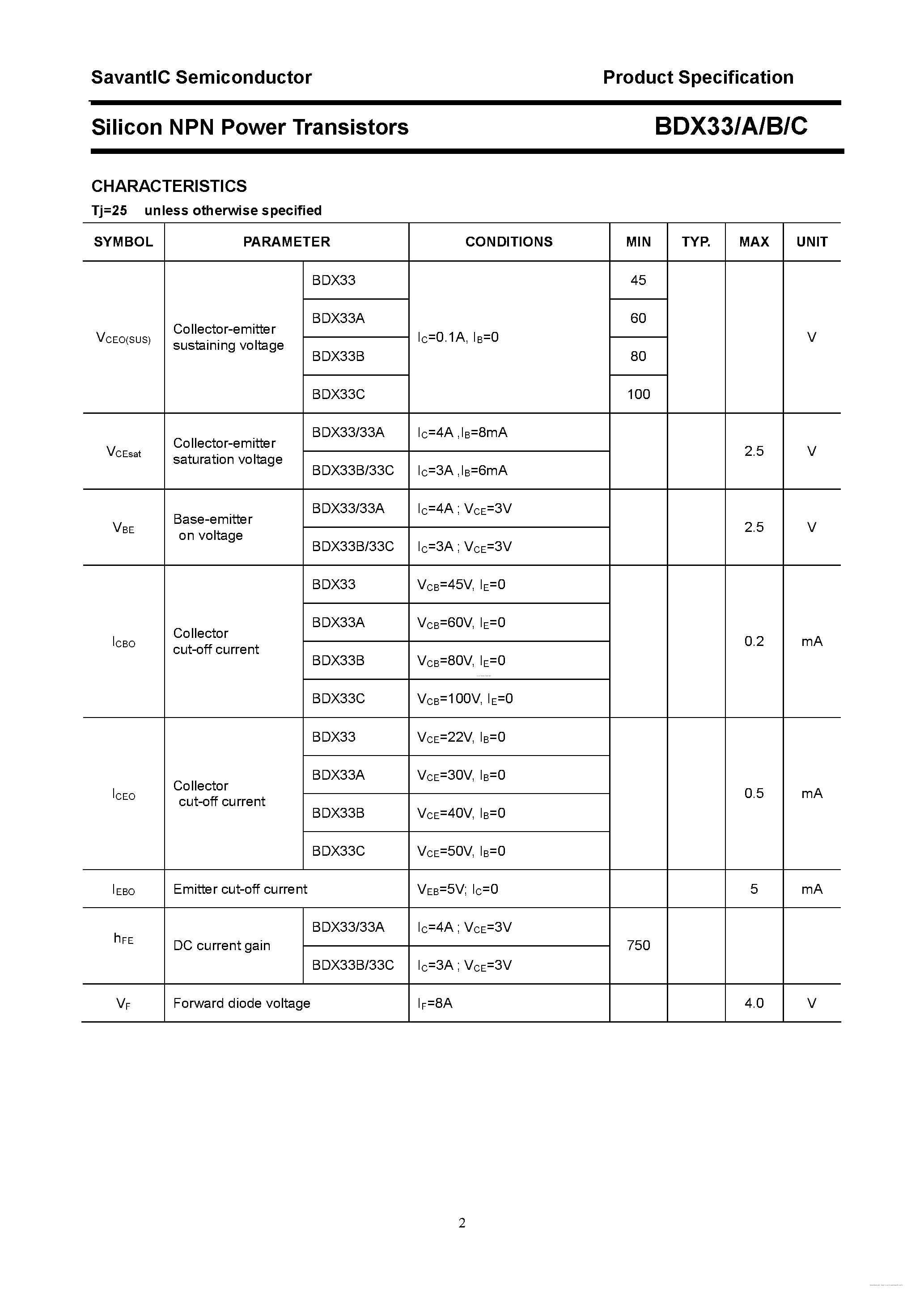 Datasheet BDX33 - Silicon NPN Power Transistors page 2