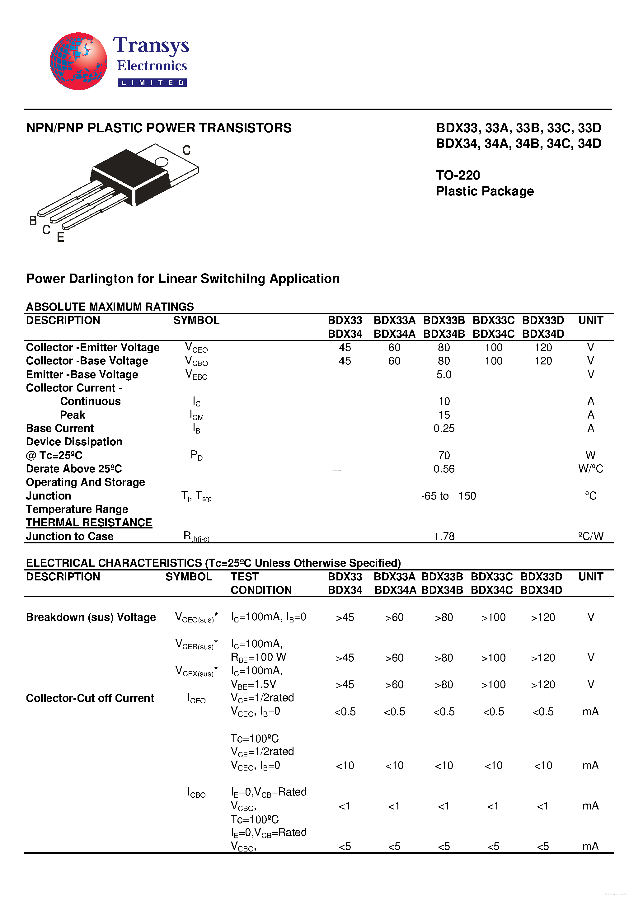 Datasheet BDX33 page 1 Datasheet BDX33 - (BDX33 / BDX34) NPN/PNP PLASTIC POWER TRANSISTORS page 1