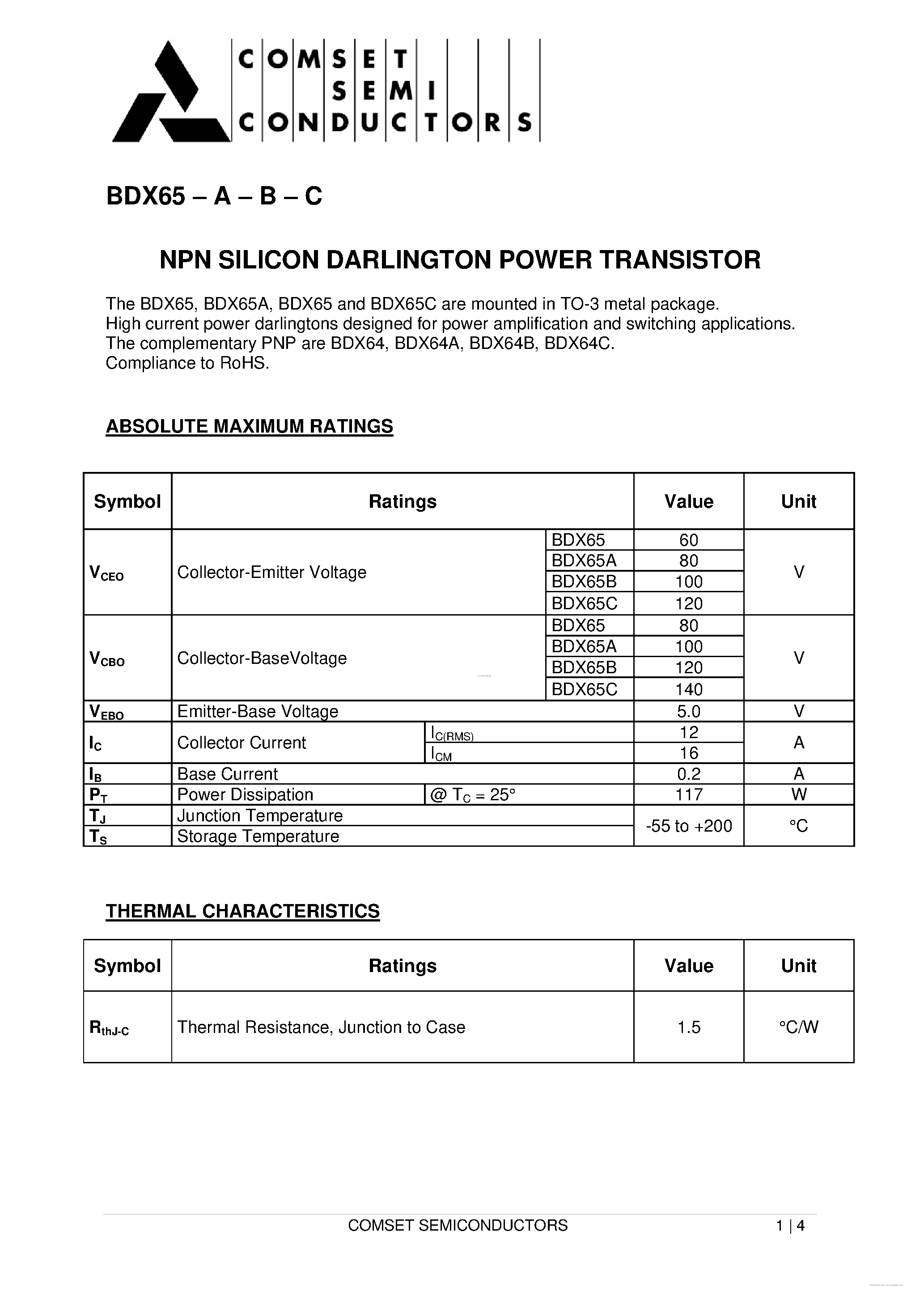 Даташит на микросхему BDX65 страница 1 Даташит BDX65 - страница 1