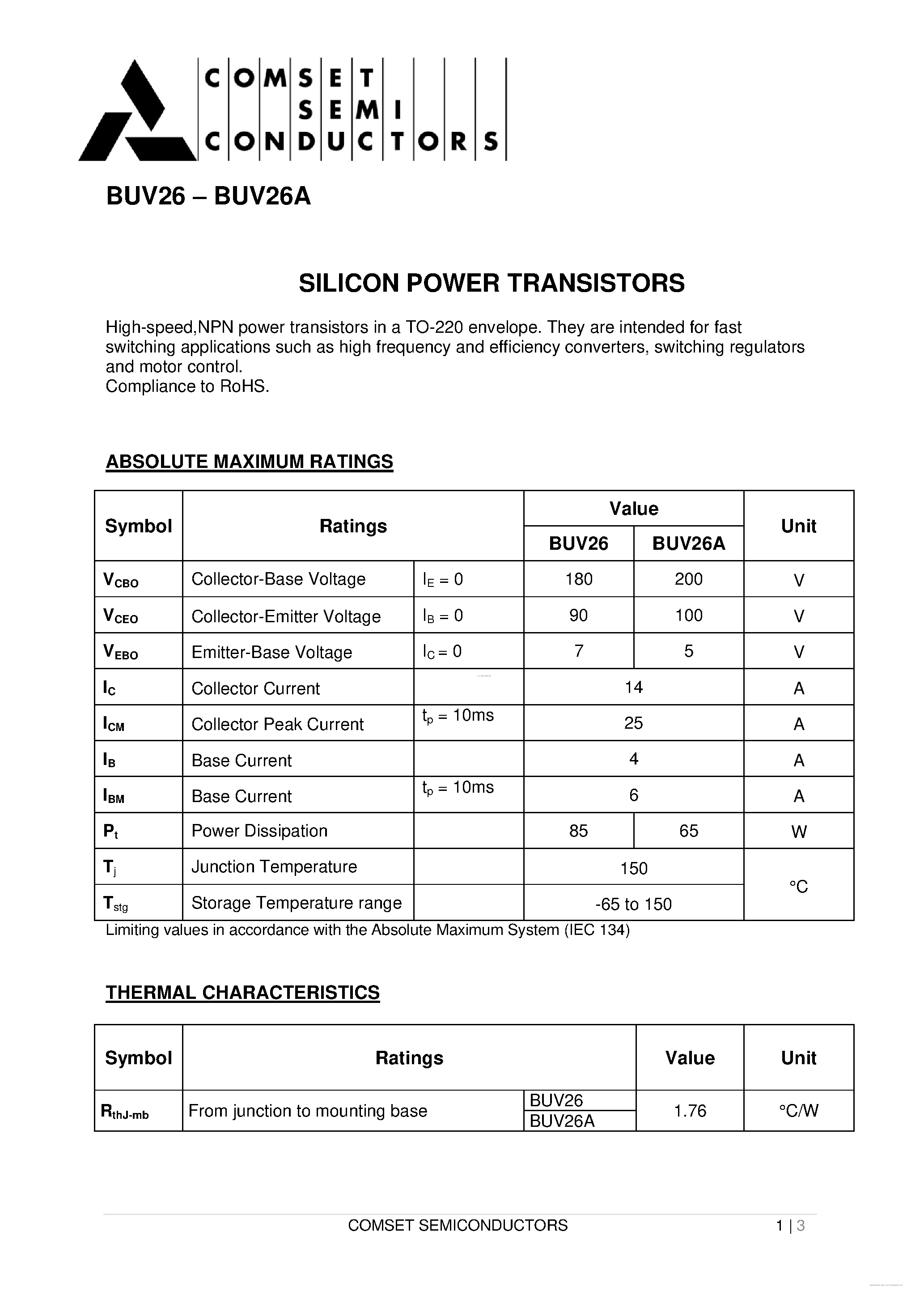Даташит на микросхему BUV26 страница 1 Даташит BUV26 - страница 1