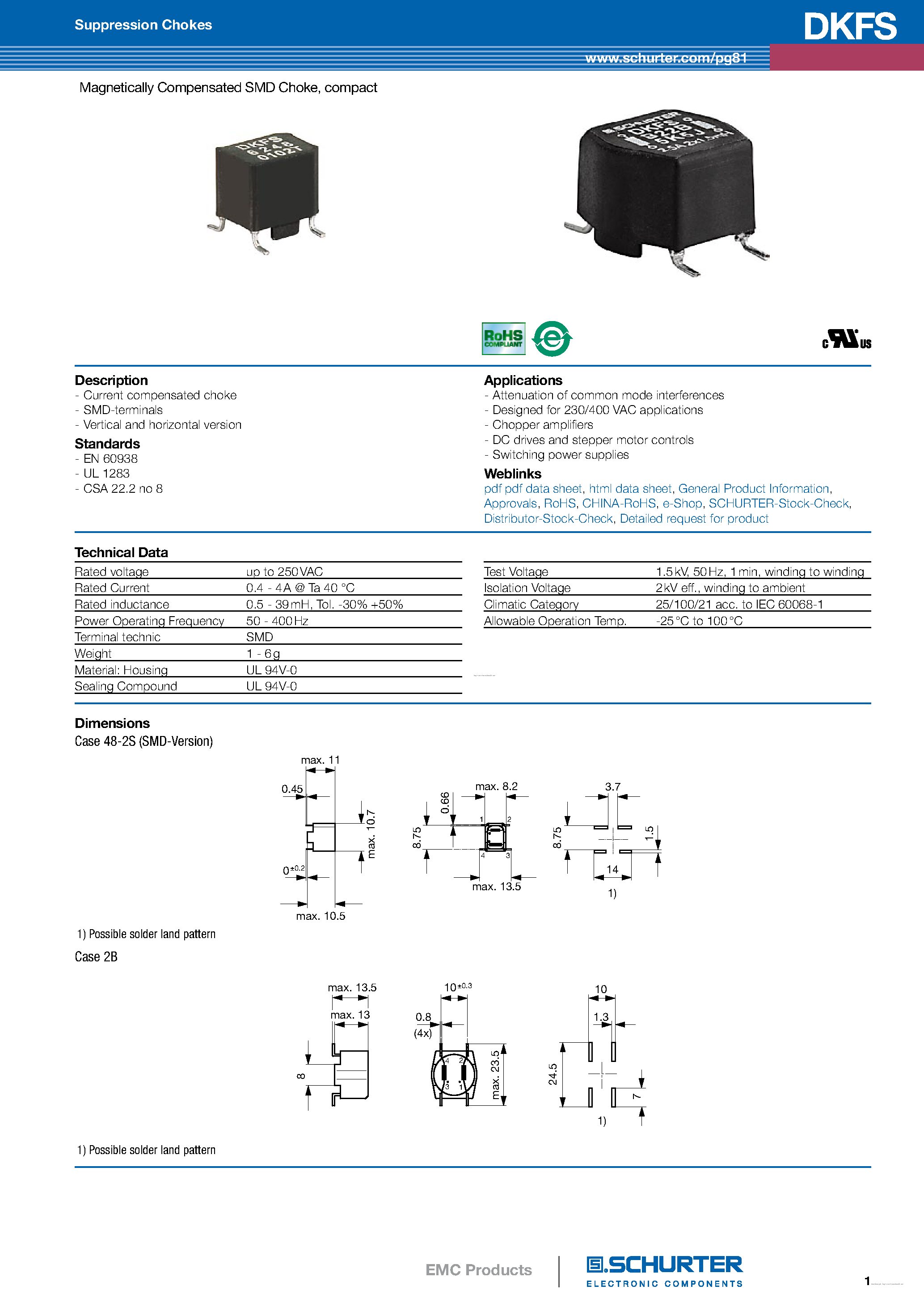 Datasheet DKFS-6248-02D5 - Magnetically Compensated SMD Choke page 1