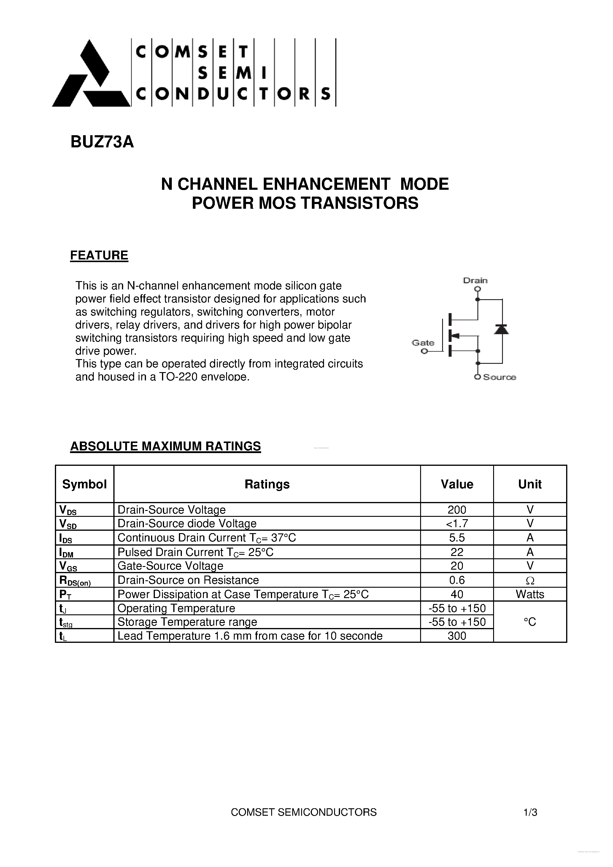 Datasheet BUZ73A page 1 Datasheet BUZ73A - page 1