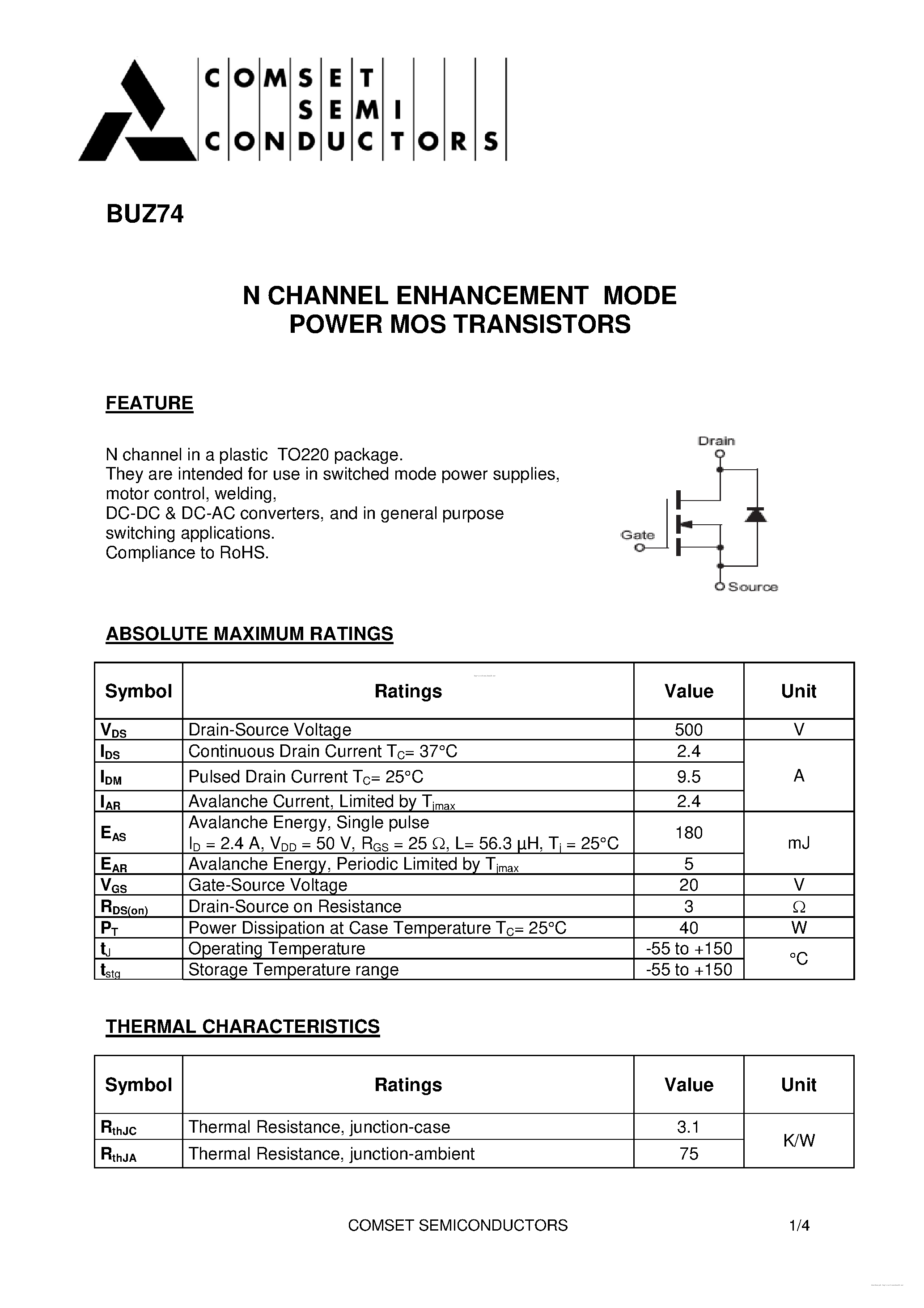 Datasheet BUZ74 page 1 Datasheet BUZ74 - page 1