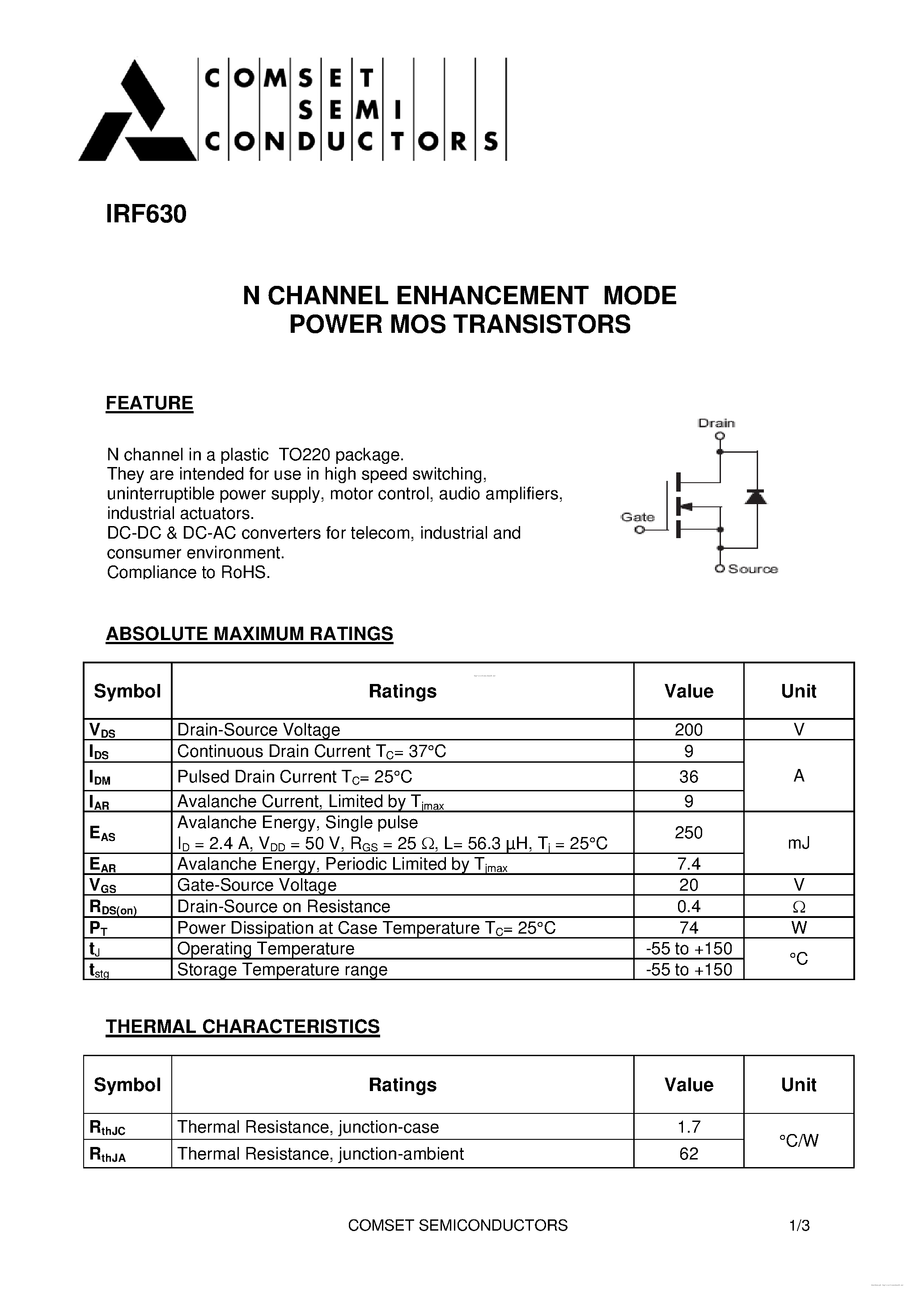 Datasheet IRF630 - page 1