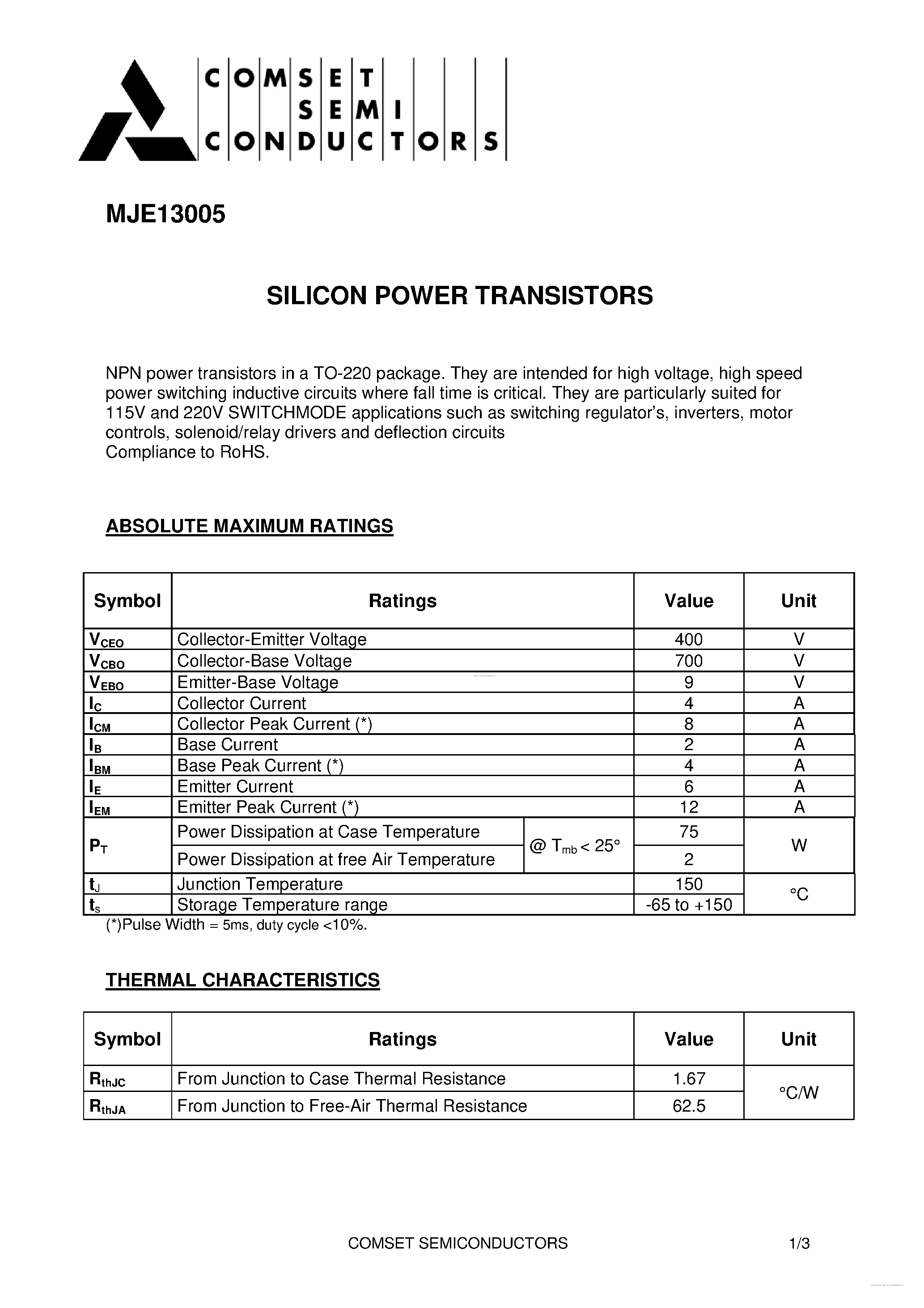 Даташит MJE13005 - страница 1