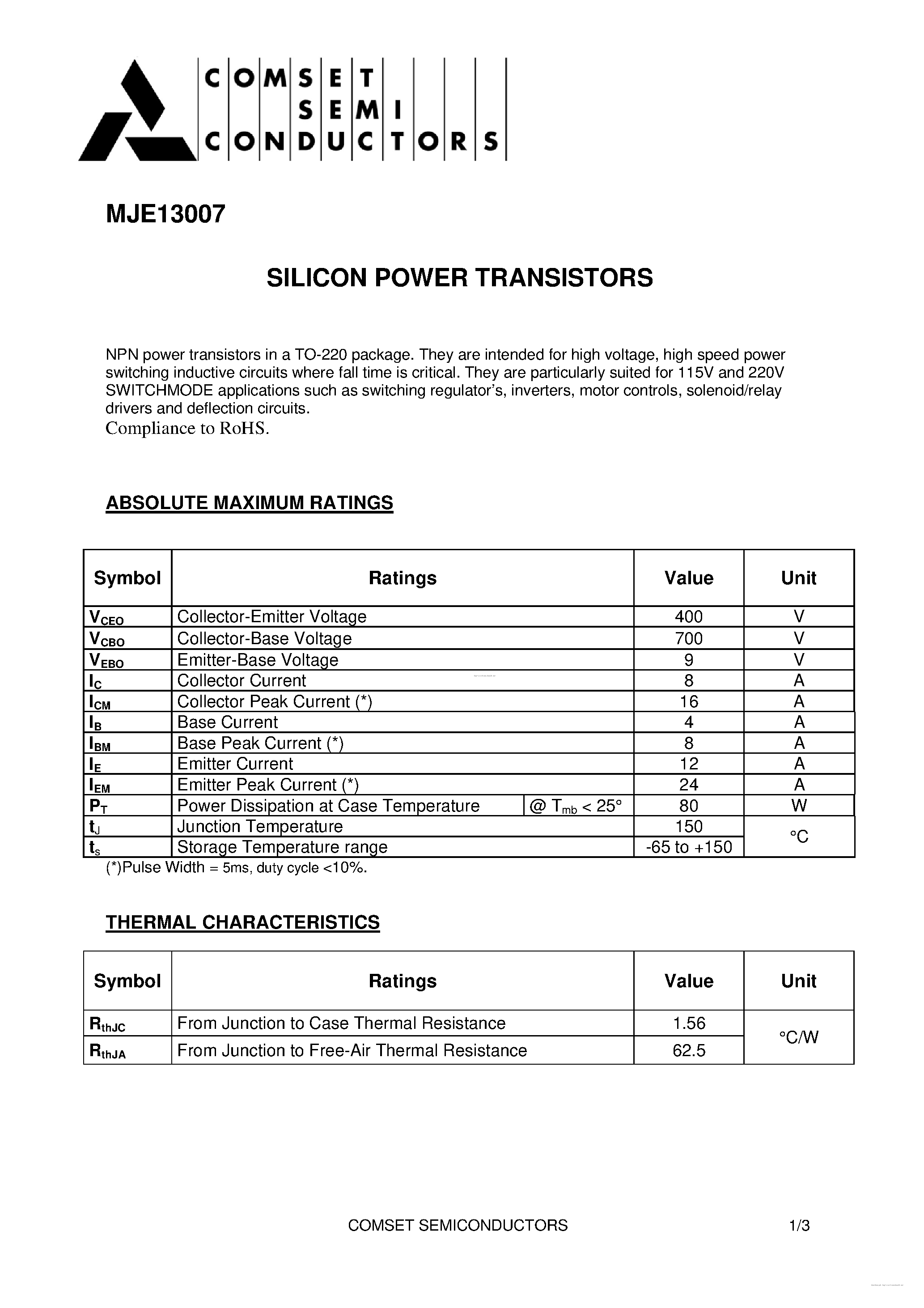 Даташит на микросхему MJE13007 страница 1 Даташит MJE13007 - страница 1