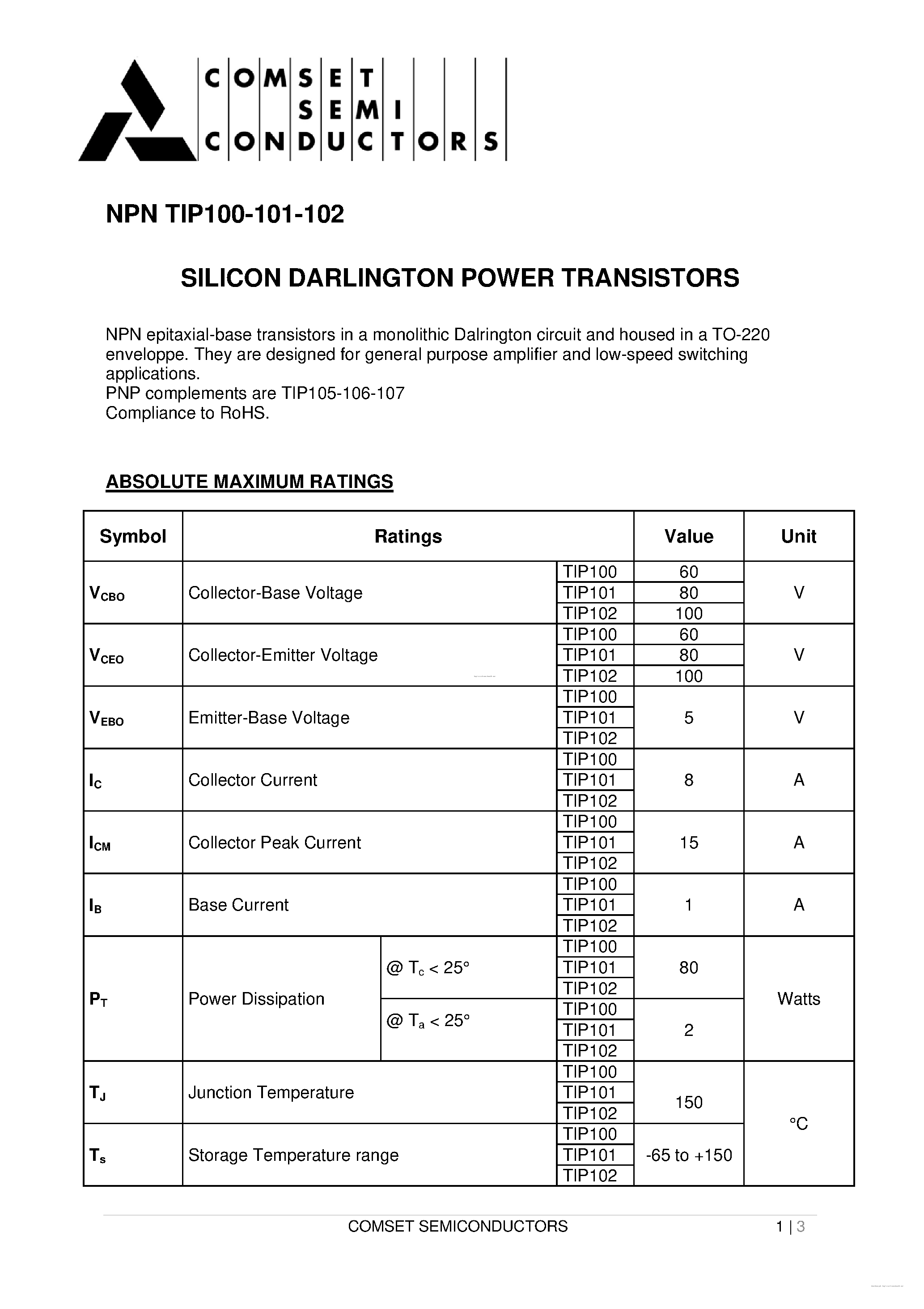 Datasheet TIP100 page 1 Datasheet TIP100 - page 1
