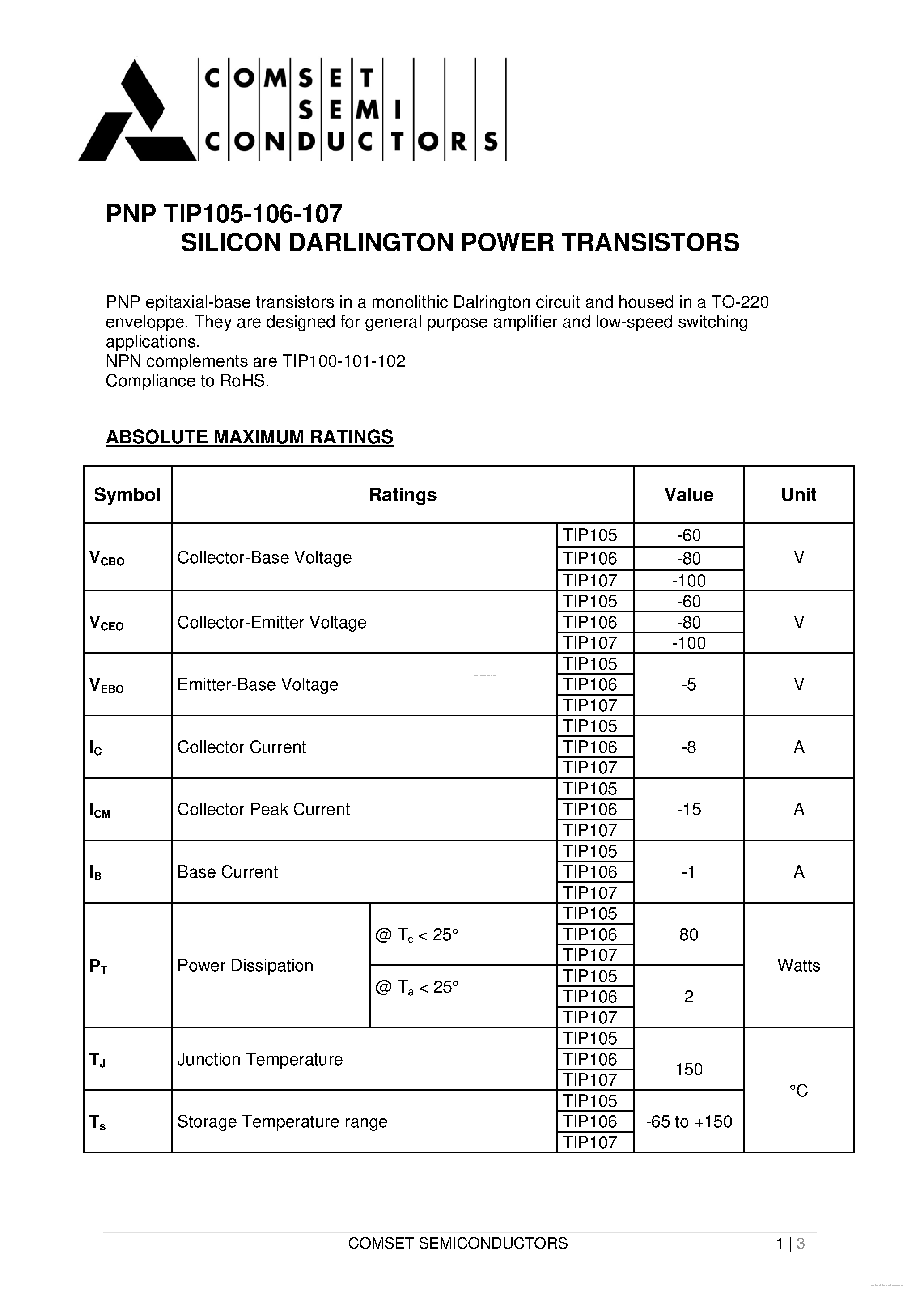 Datasheet TIP105 page 1 Datasheet TIP105 - page 1