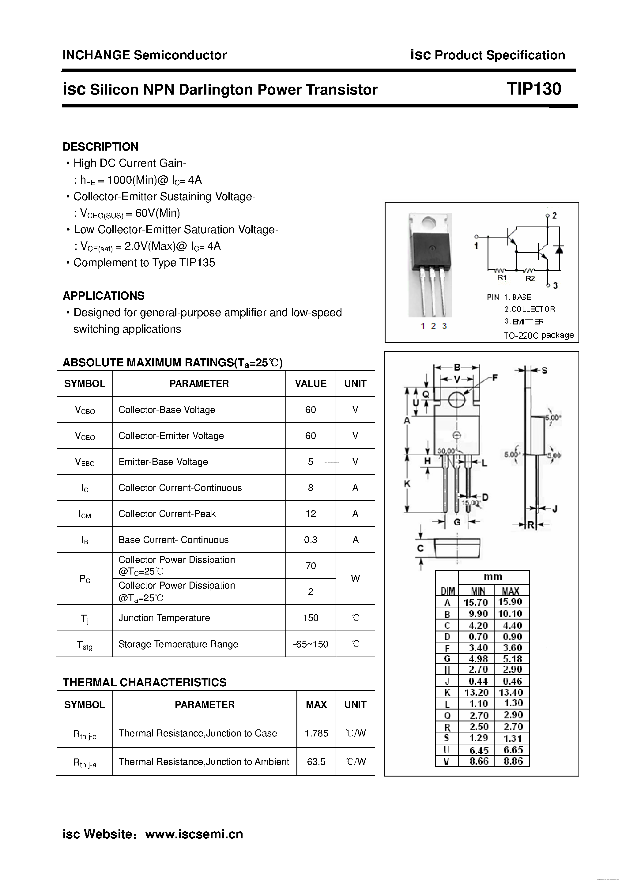 Datasheet TIP130 - page 1