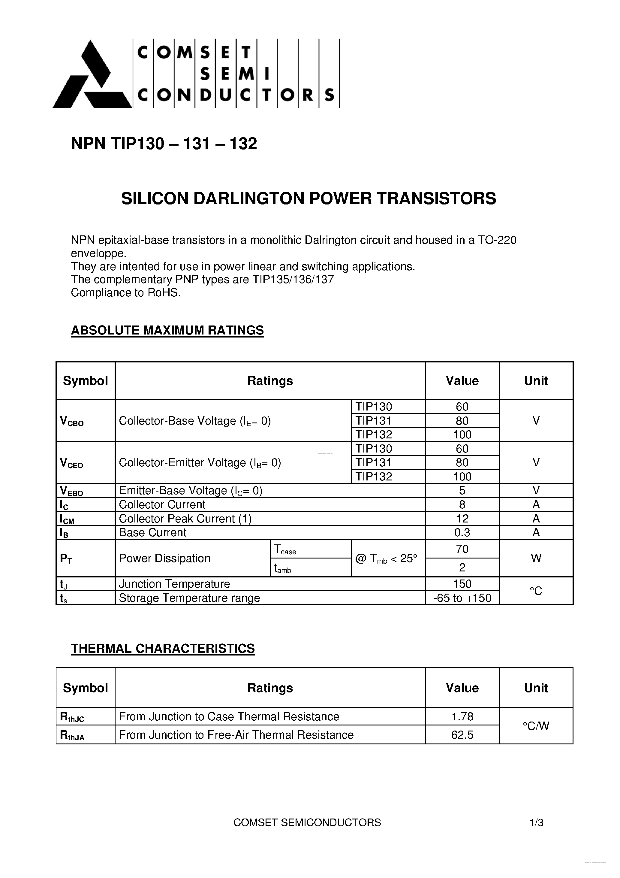 Datasheet TIP130 page 1 Datasheet TIP130 - page 1