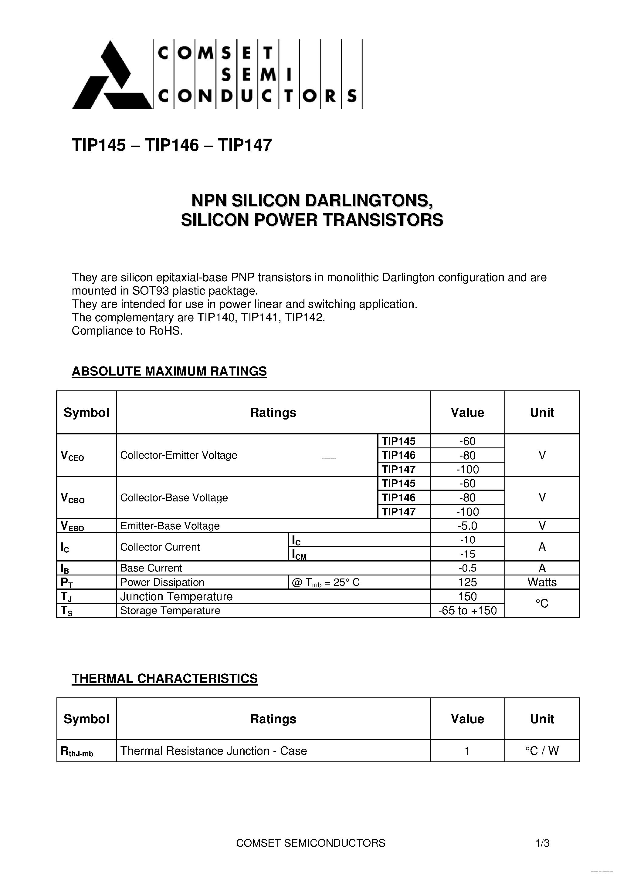Datasheet TIP145 page 1 Datasheet TIP145 - page 1