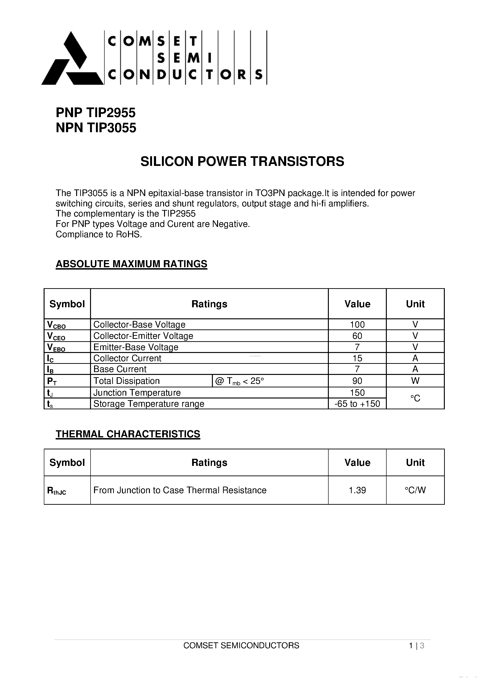 Datasheet TIP2955 page 1 Datasheet TIP2955 - page 1