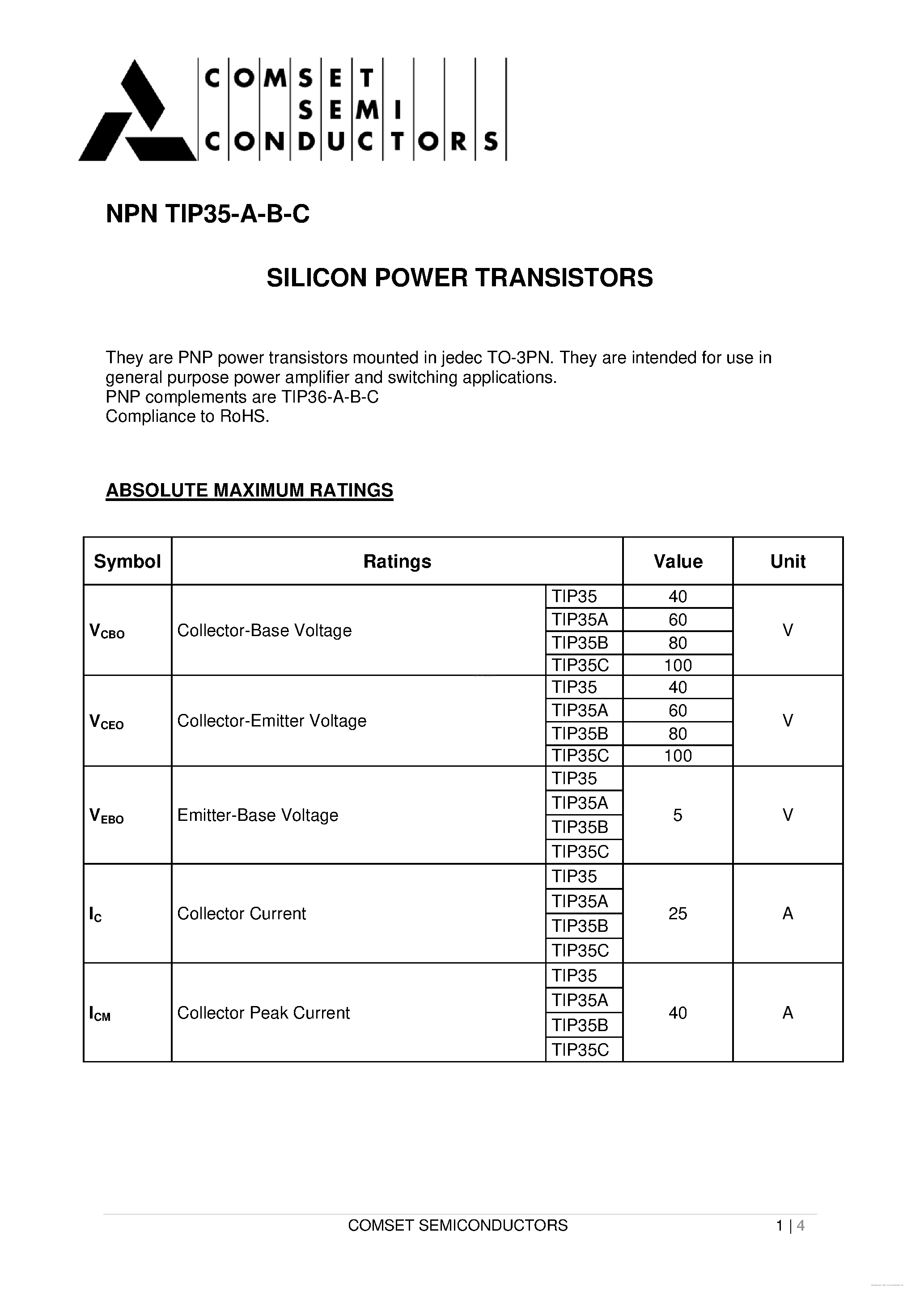 Даташит TIP35 - страница 1