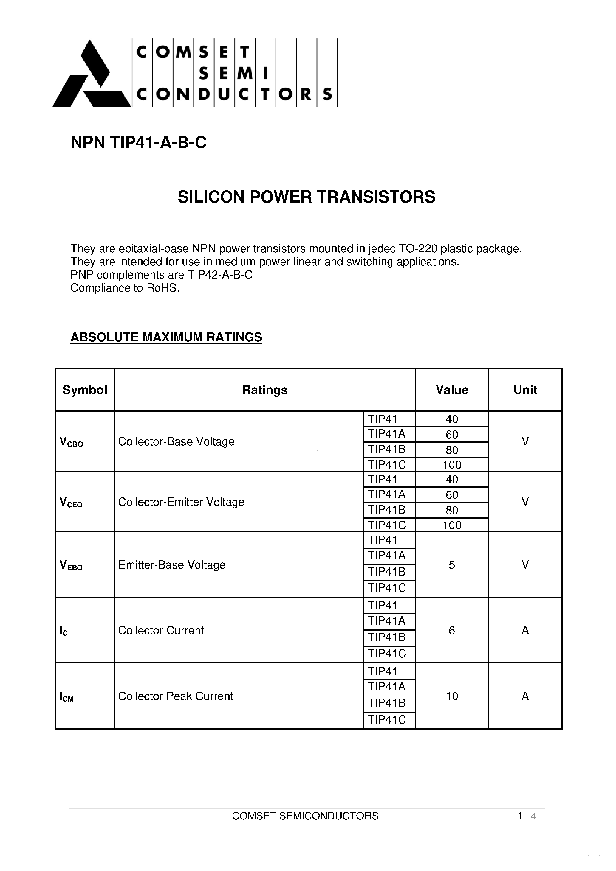 Datasheet TIP41 - page 1