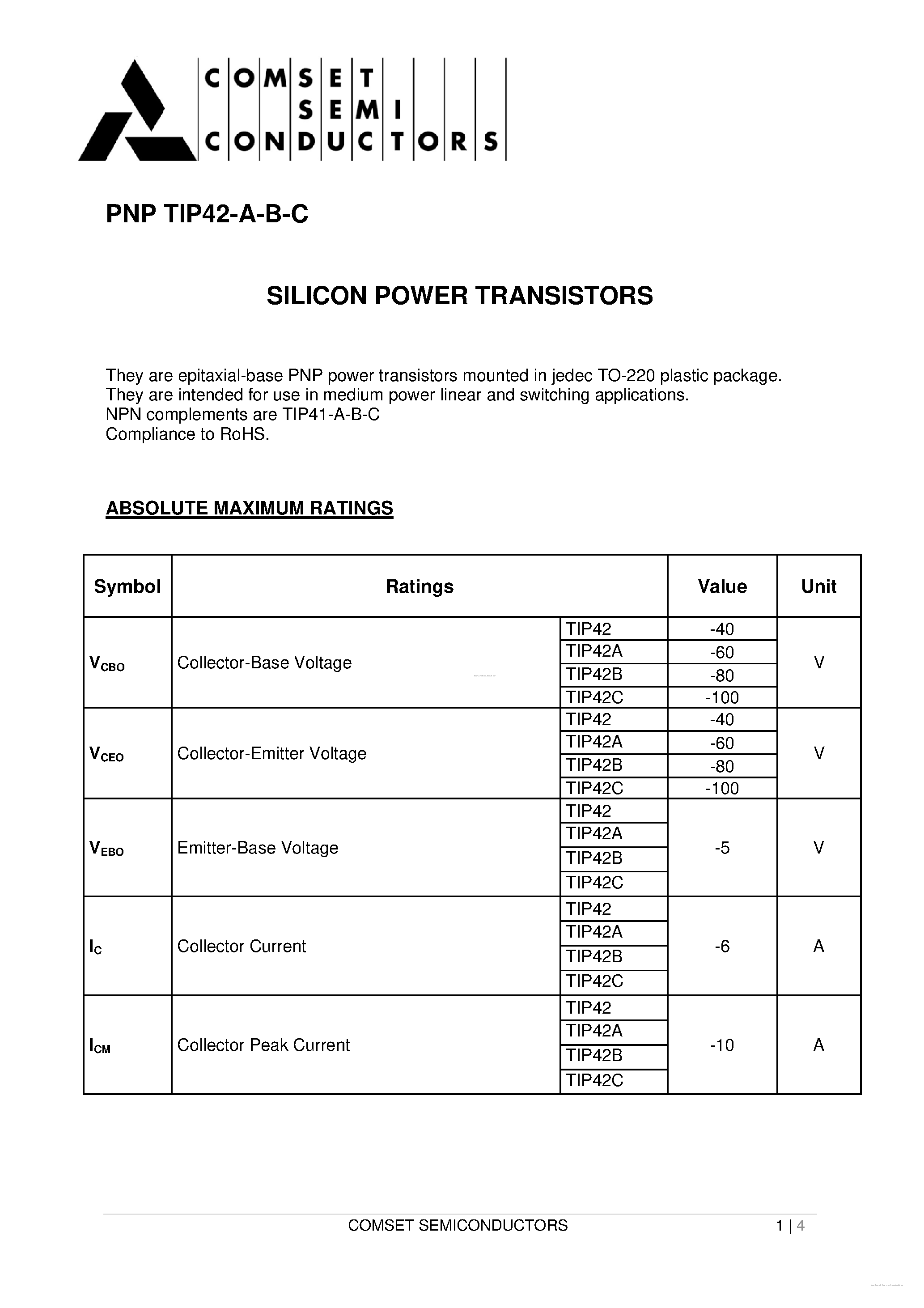 Datasheet TIP42 - page 1
