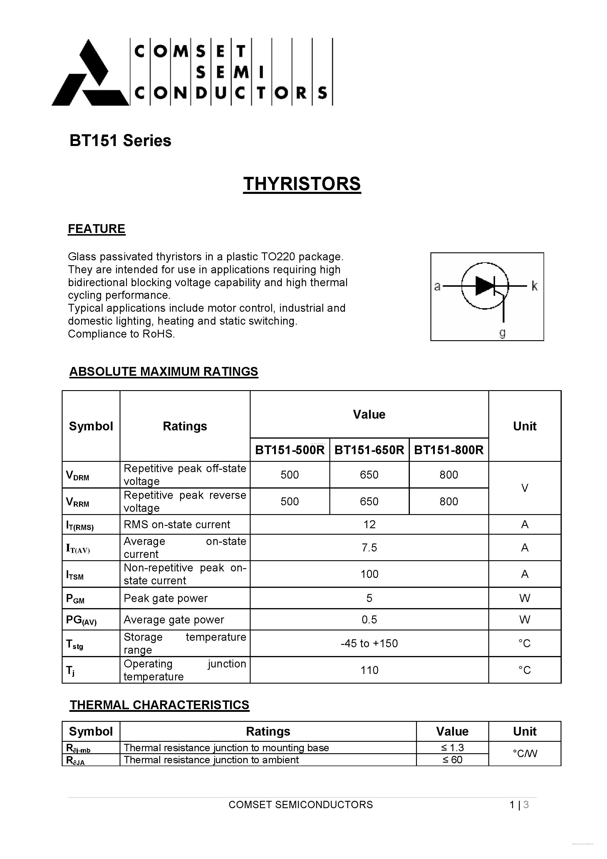 Даташит на микросхему BT151 страница 1 Даташит BT151 - страница 1