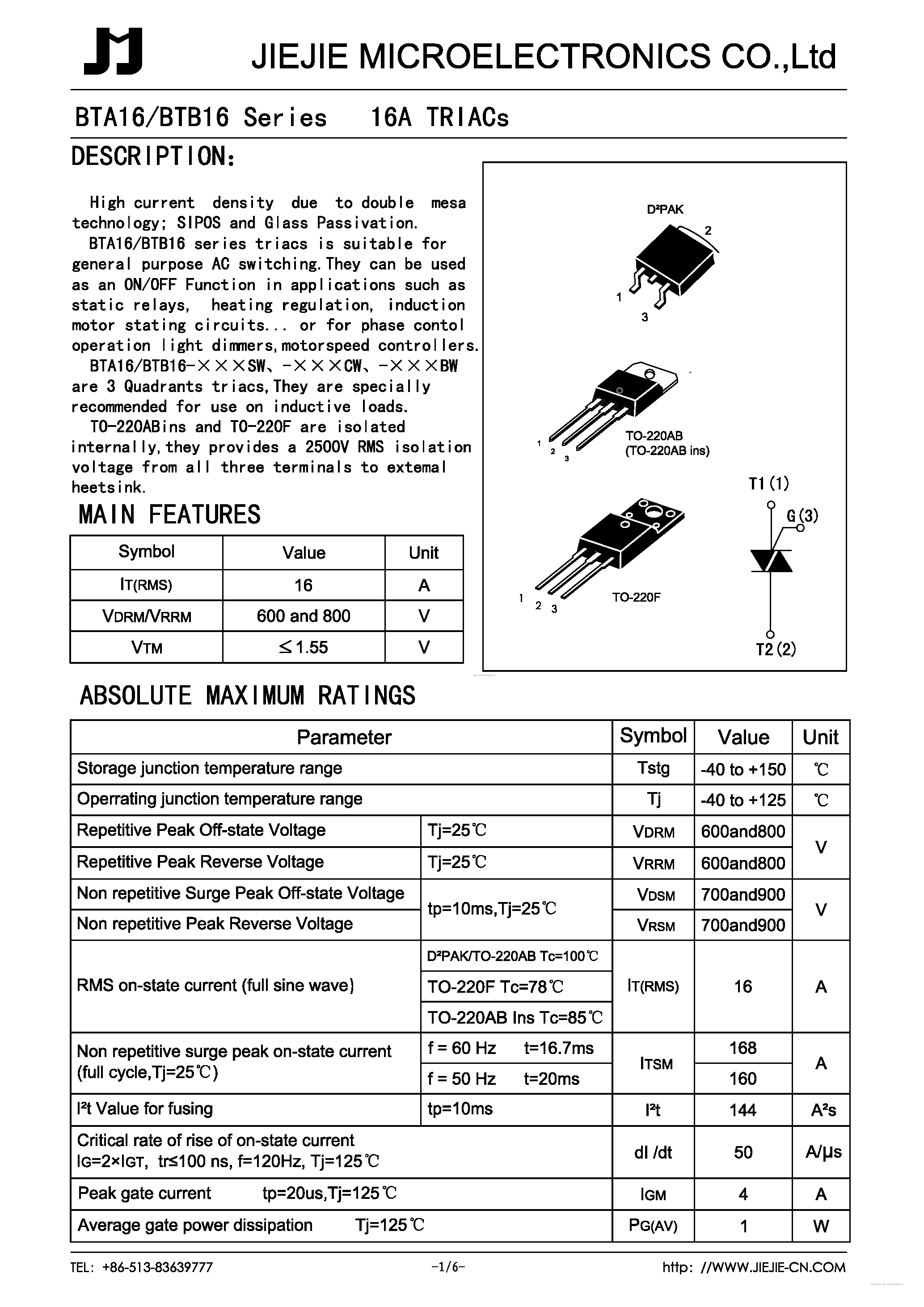 Даташит на микросхему BTA16 страница 1 Даташит BTA16 - страница 1