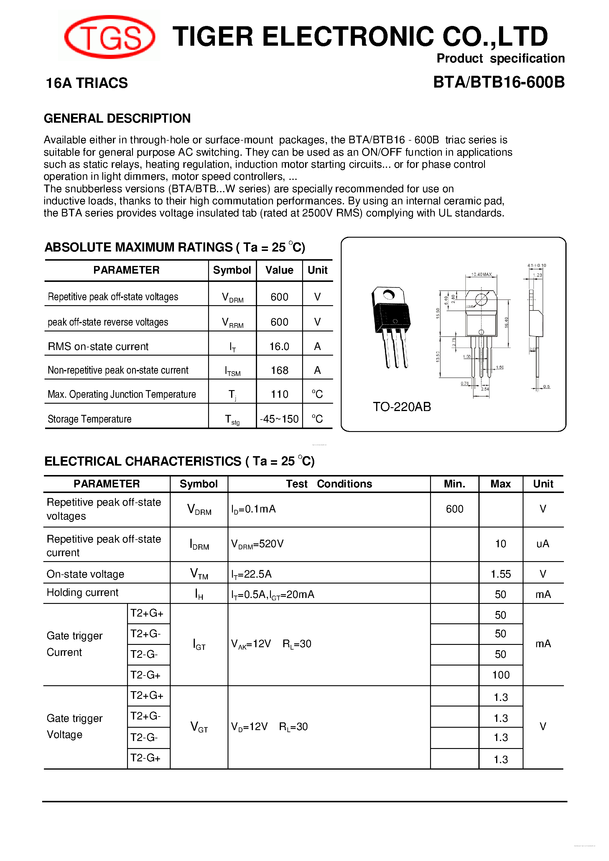 Datasheet BTA16-600B - page 1