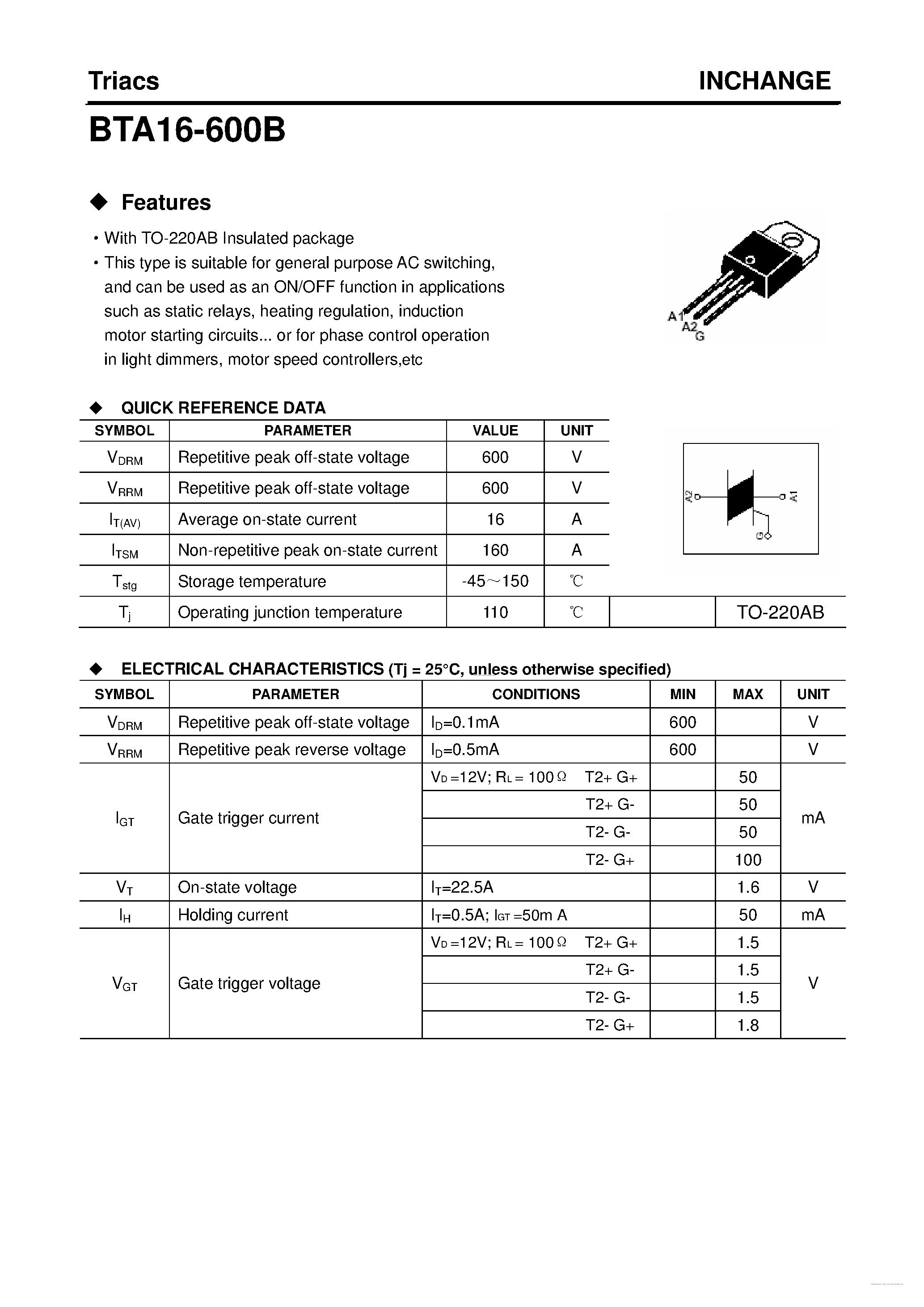 Даташит BTA16-600B - страница 1