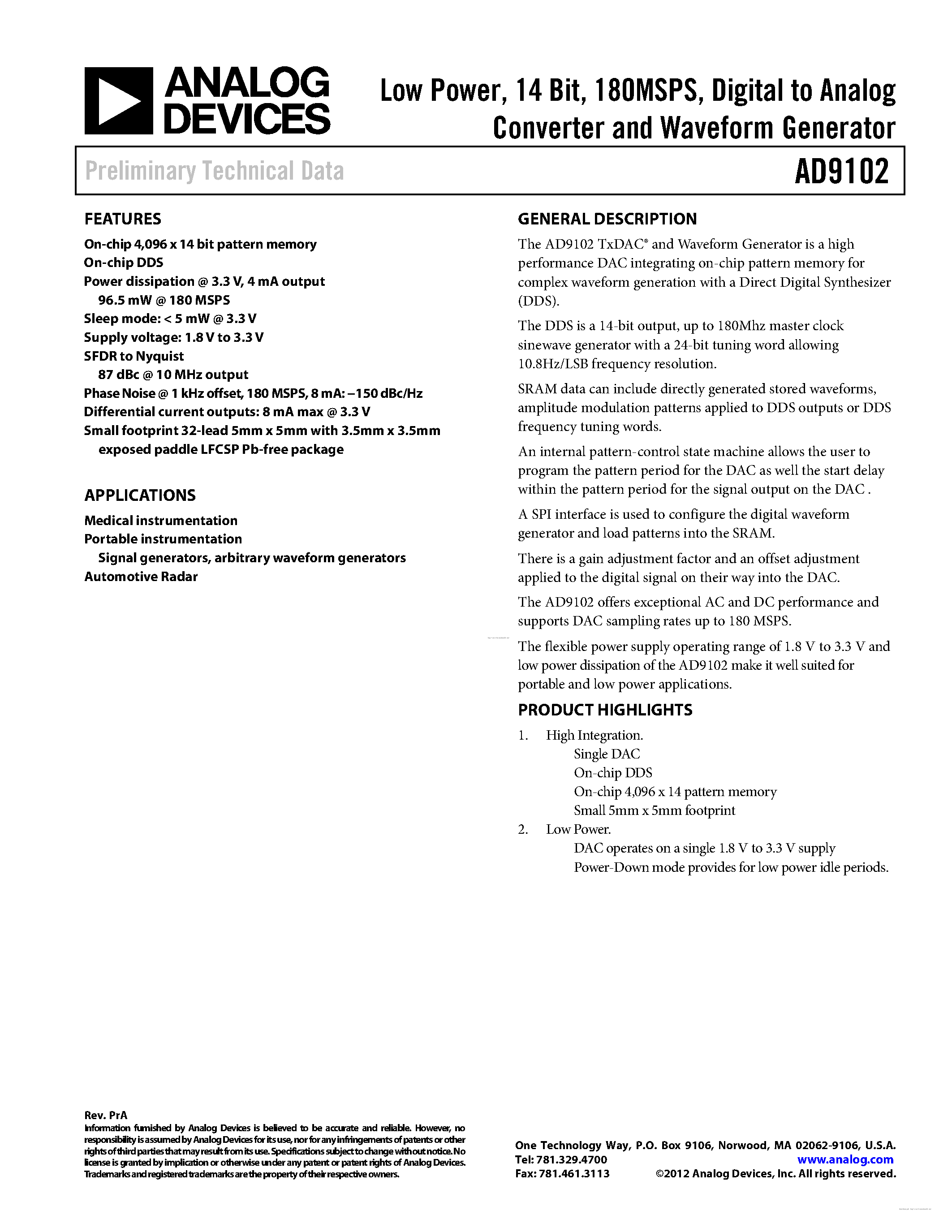 Datasheet AD9102 page 1 Datasheet AD9102 - page 1