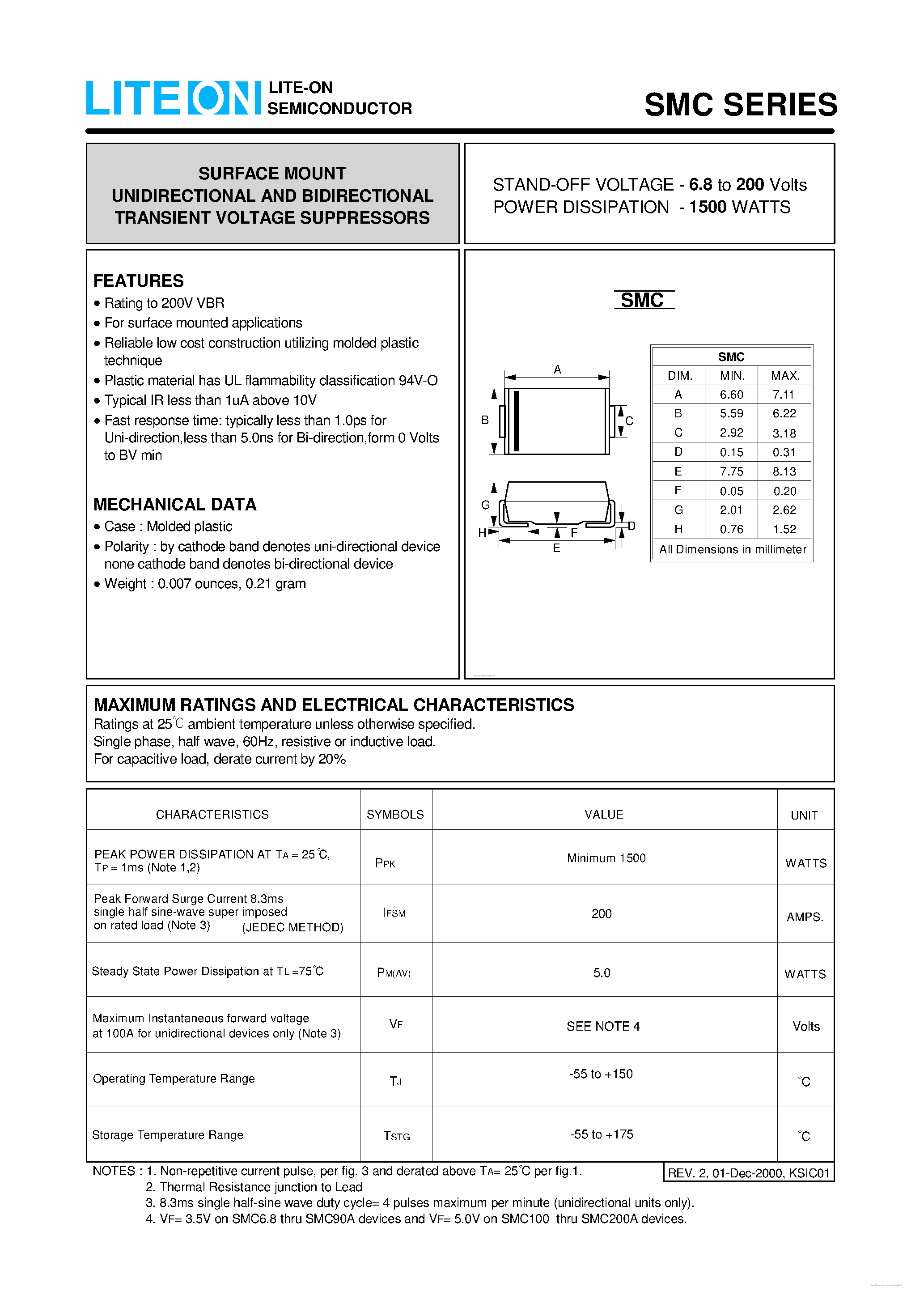Datasheet SMC - (SMC Series) SURFACE MOUNT UNIDIRECTIONAL AND BIDIRECTIONAL TRANSIENT VOLTAGE SUPPRESSORS page 1
