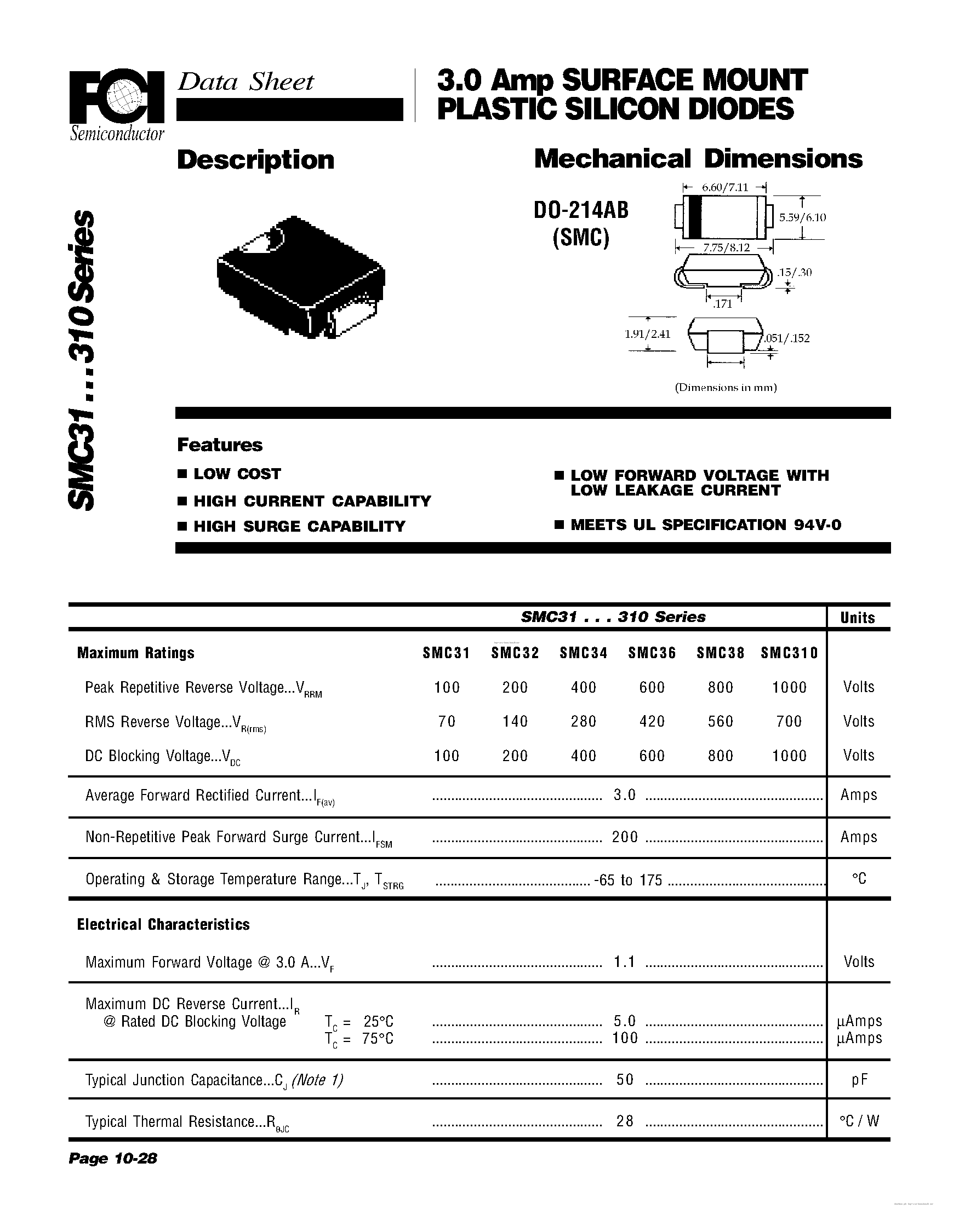 Даташит на микросхему SMC31 страница 1 Даташит SMC31 - (FCI31 - 310 Series) SURFACE MOUNT PLASTIC SILICON DIODES страница 1