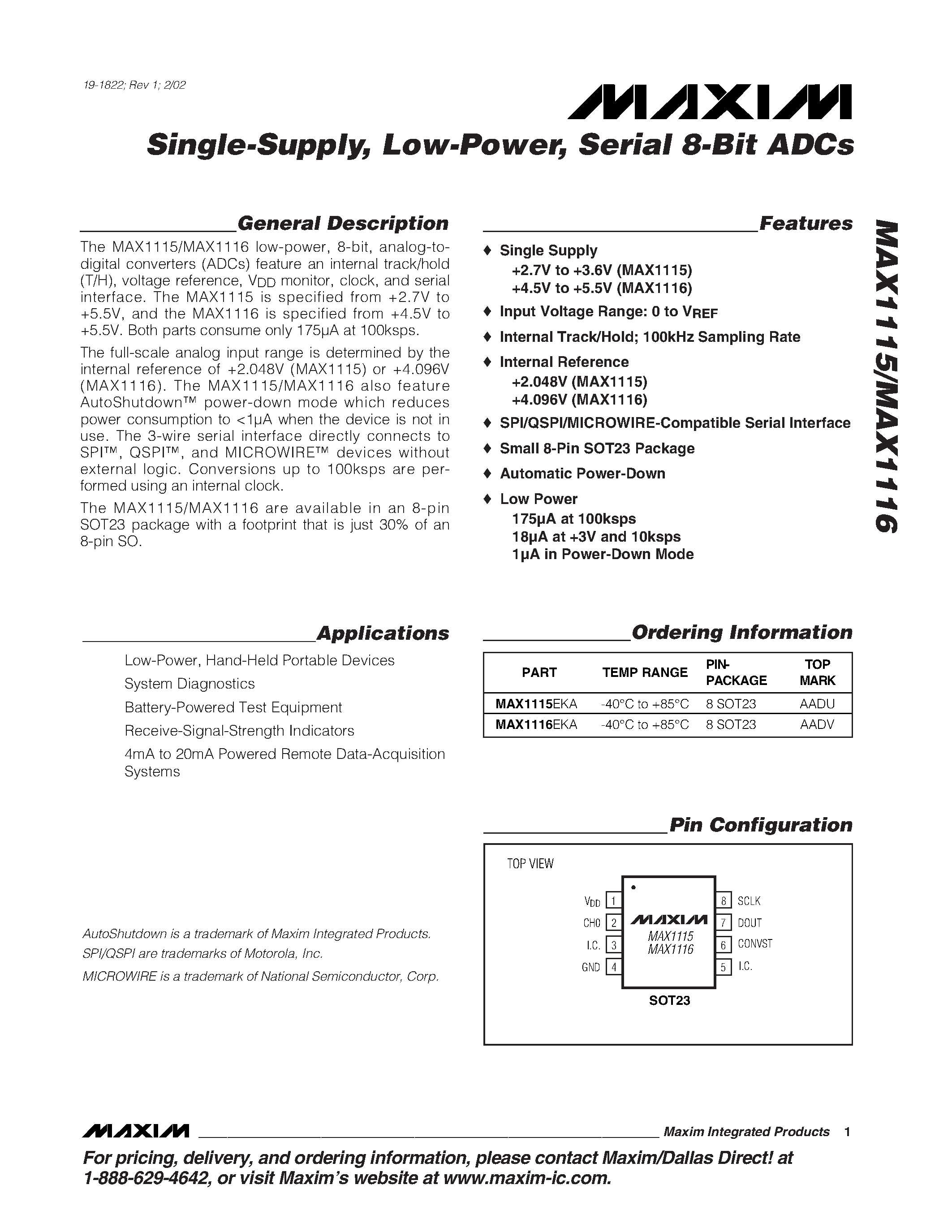 Даташит MAX1115 - (MAX1115 / MAX1116) Single-Supply / Low-Power / Serial 8-Bit ADCs страница 1