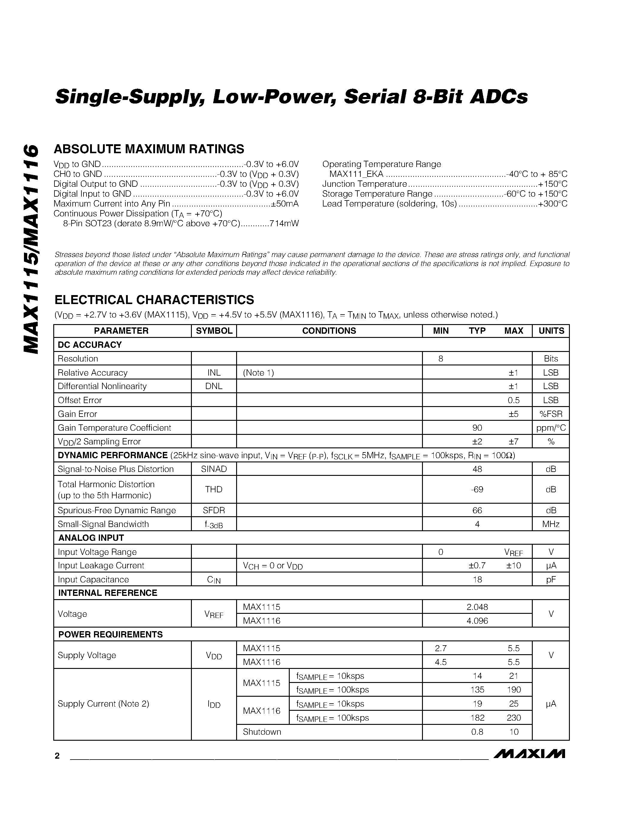 Даташит MAX1115 - (MAX1115 / MAX1116) Single-Supply / Low-Power / Serial 8-Bit ADCs страница 2