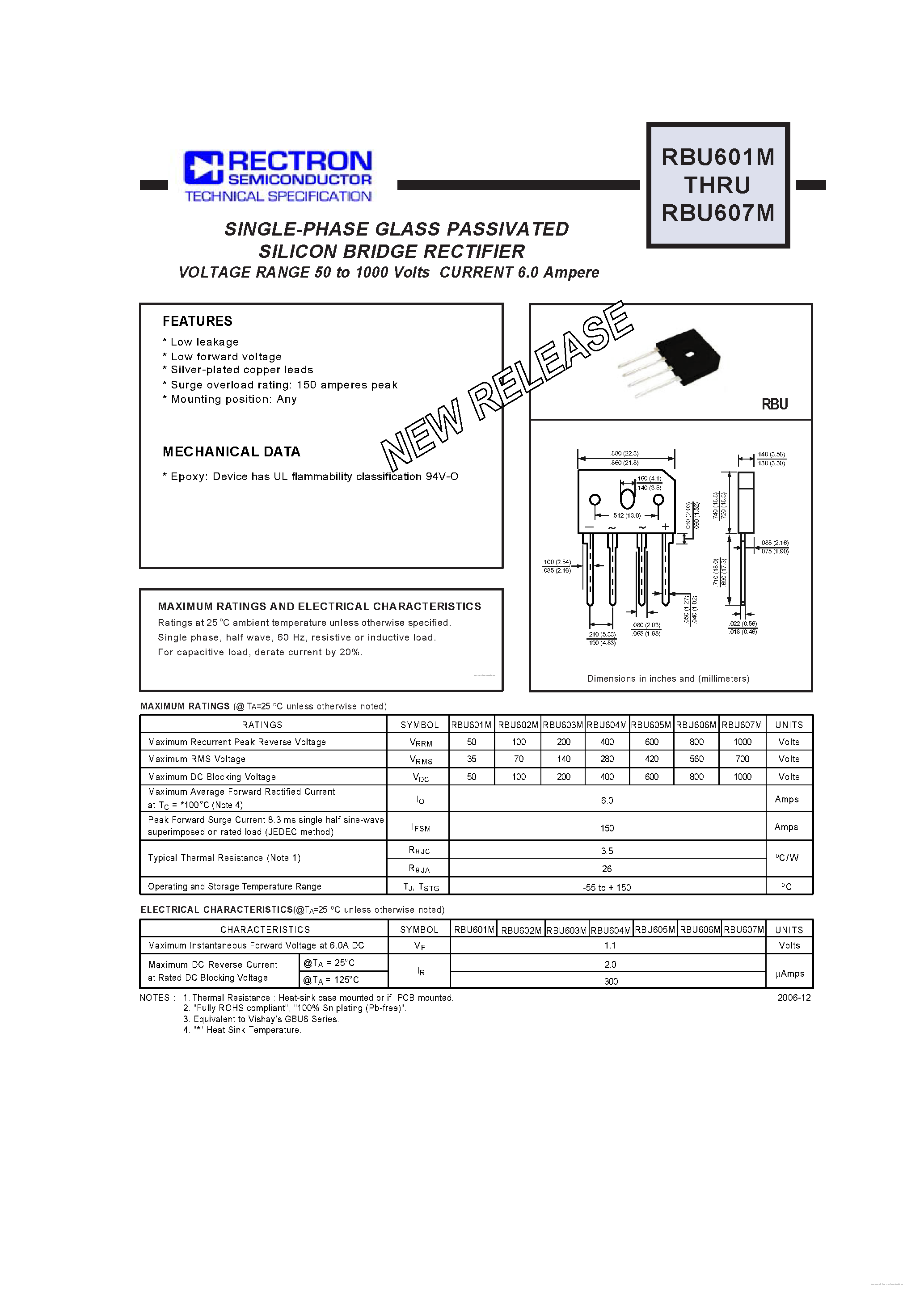 Даташит RBU601M - (RBU601M - RBU607M) SILICON BRIDGE RECTIFIER страница 1