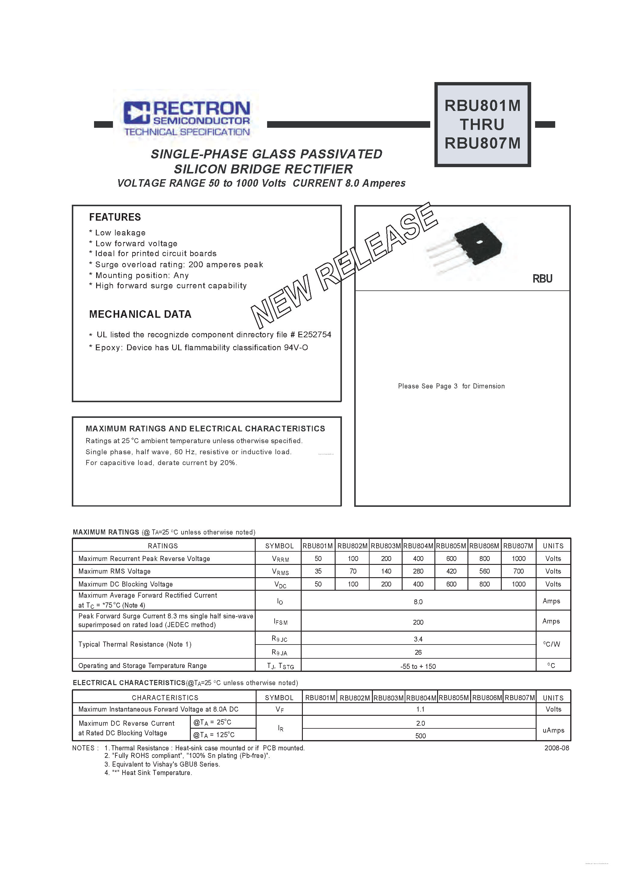 Даташит RBU801M - (RBU801M - RBU807M) SILICON BRIDGE RECTIFIER страница 1