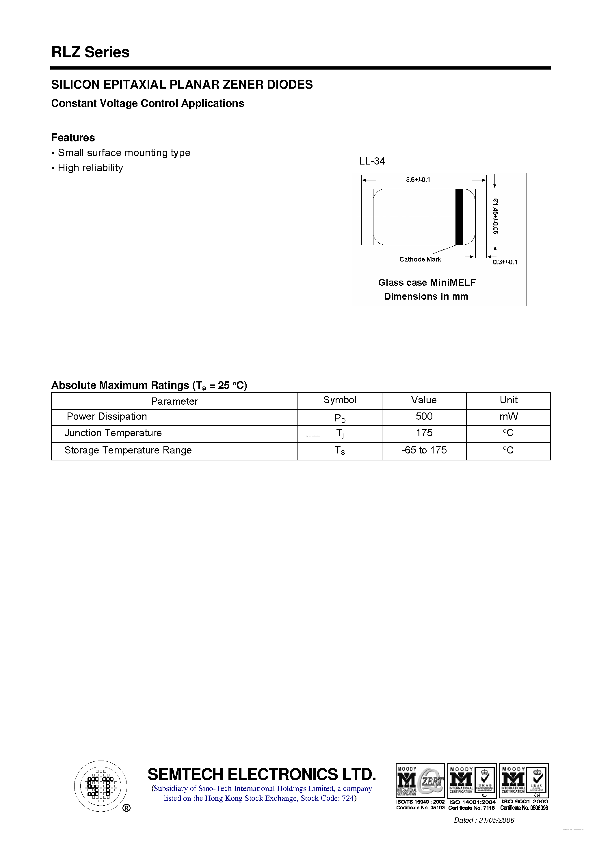 Даташит RLZ10 - (RLZ Series) SILICON EPITAXIAL PLANAR ZENER DIODES страница 1