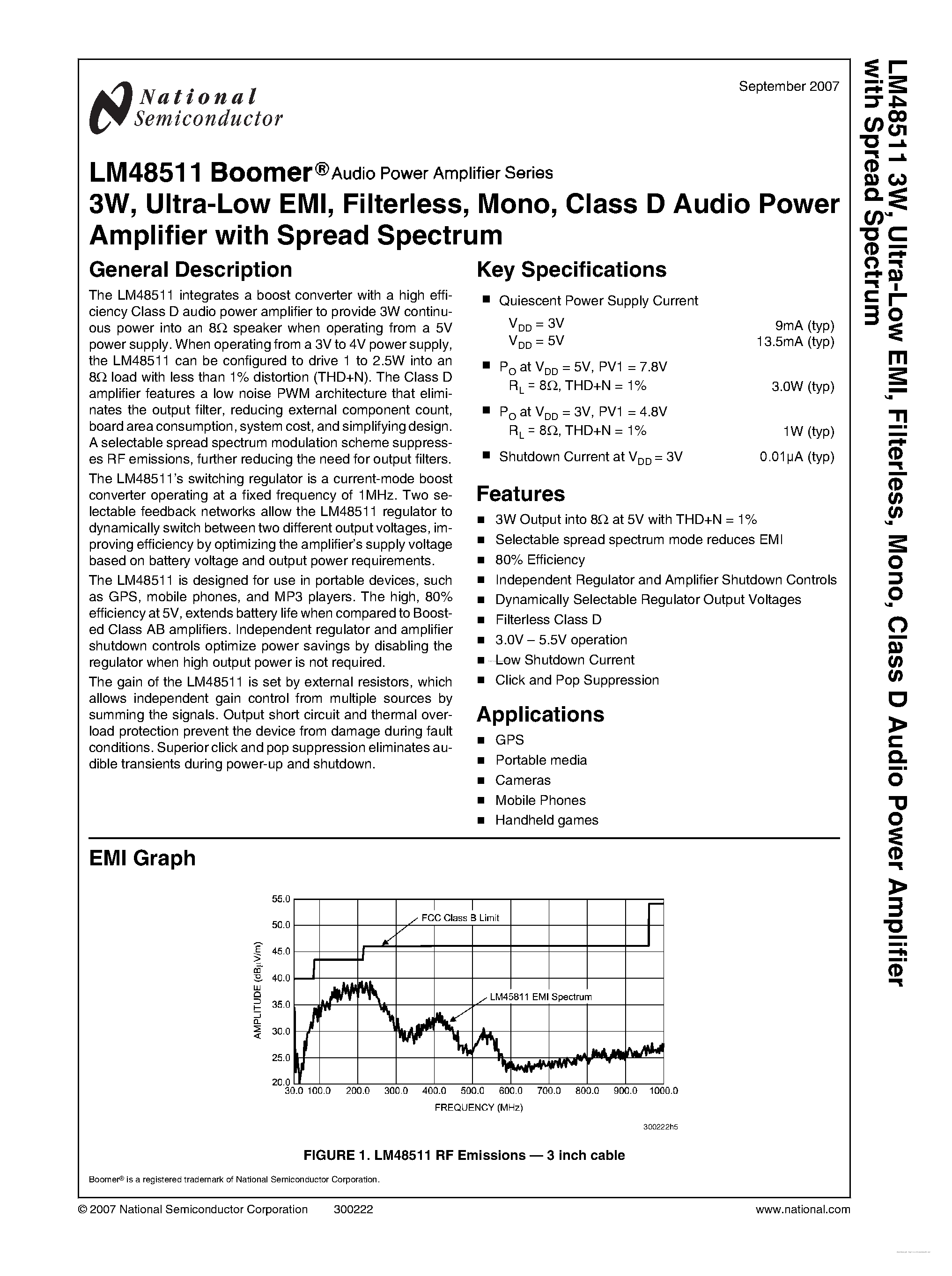 Datasheet LM48511 - Class D Audio Power Amplifier page 1