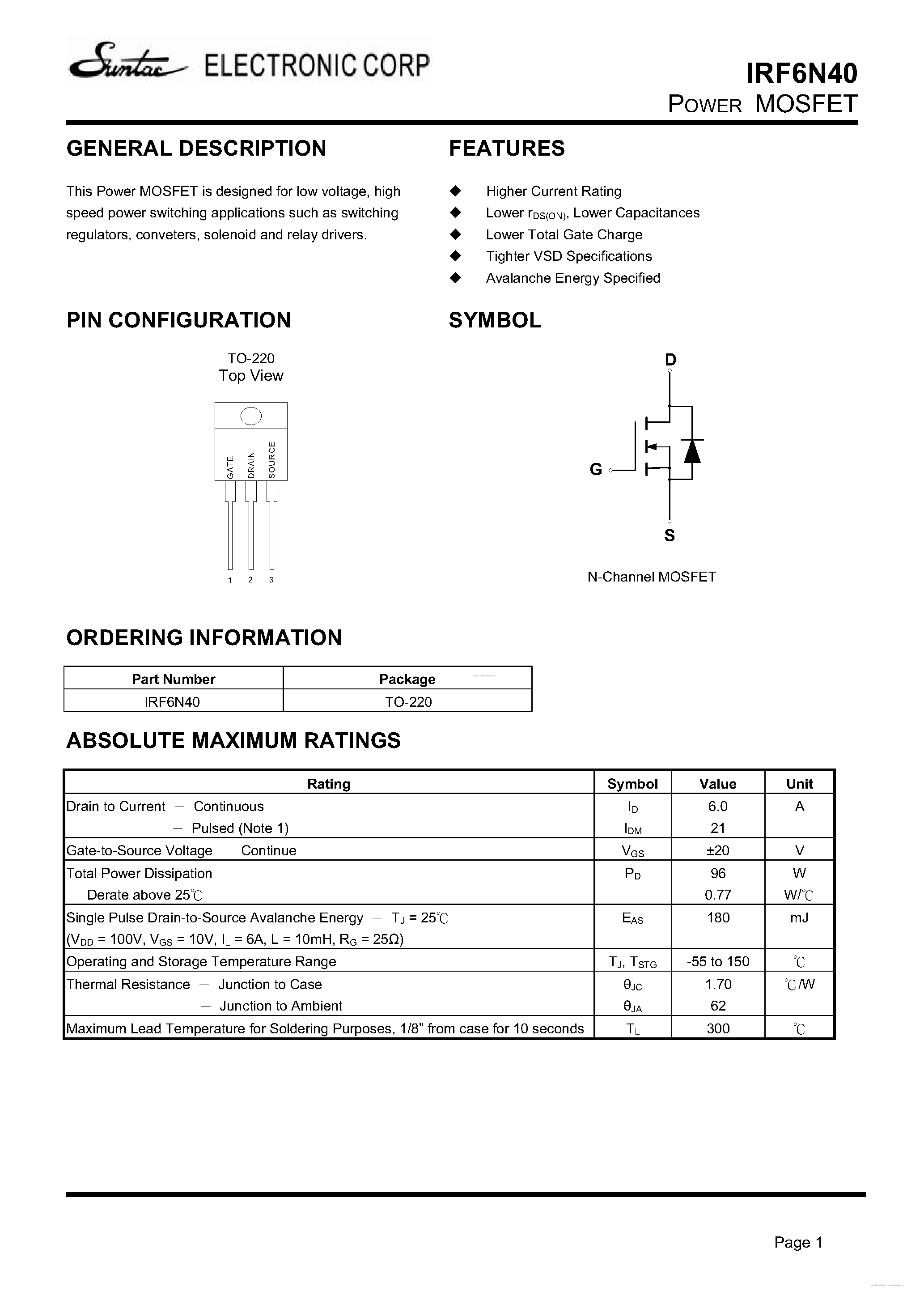 Datasheet IRF6N40 - page 1