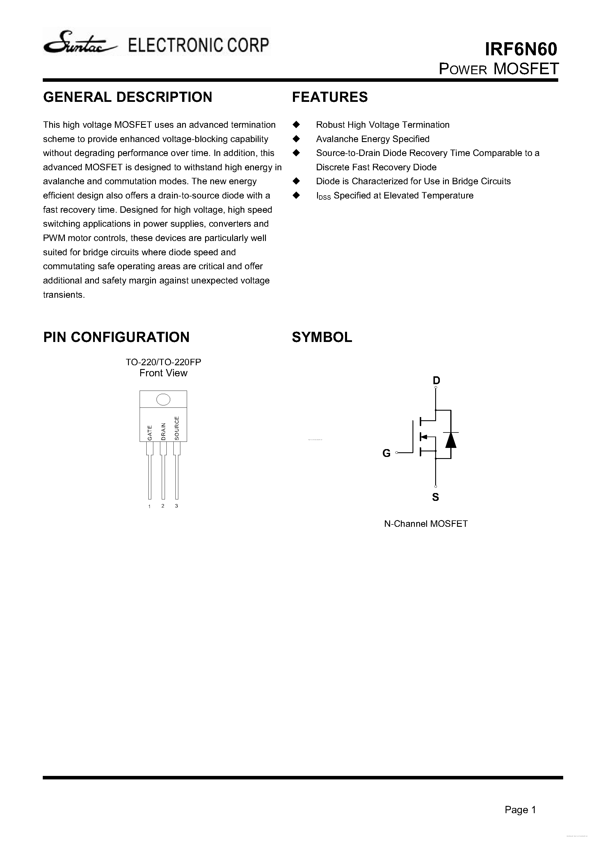 Datasheet IRF6N60 - page 1