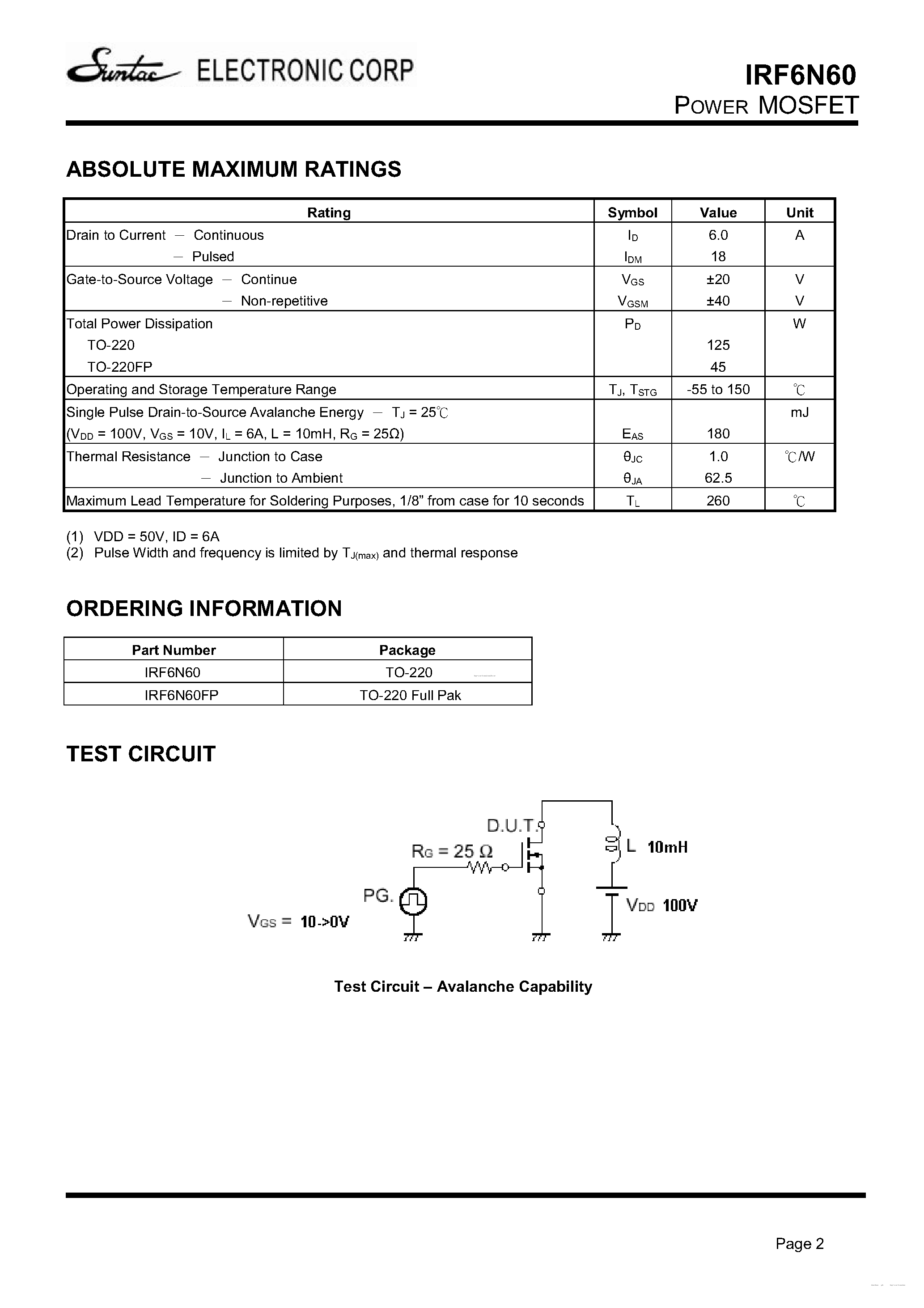 Datasheet IRF6N60 - page 2