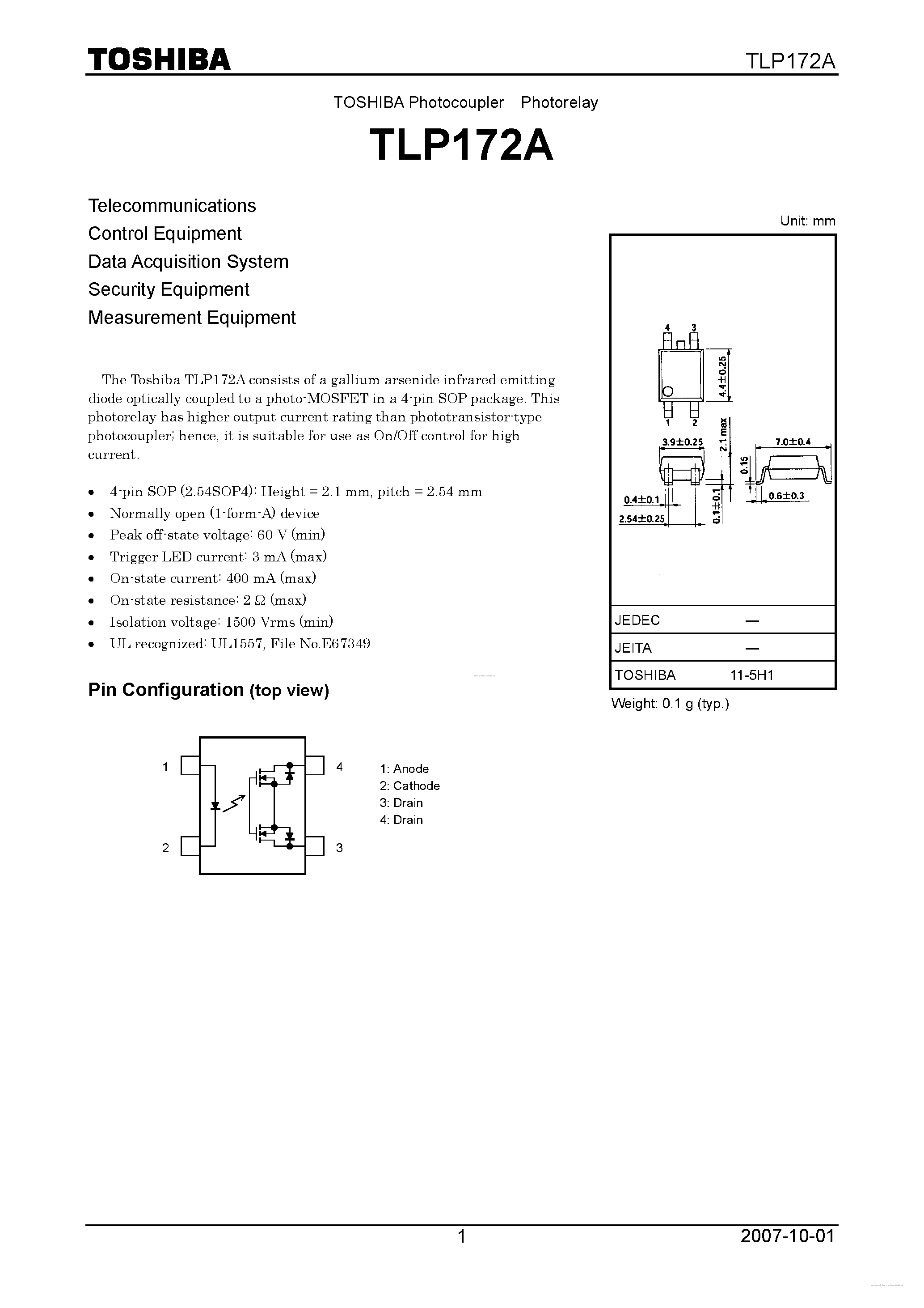 Datasheet TLP172A page 1 Datasheet TLP172A - page 1